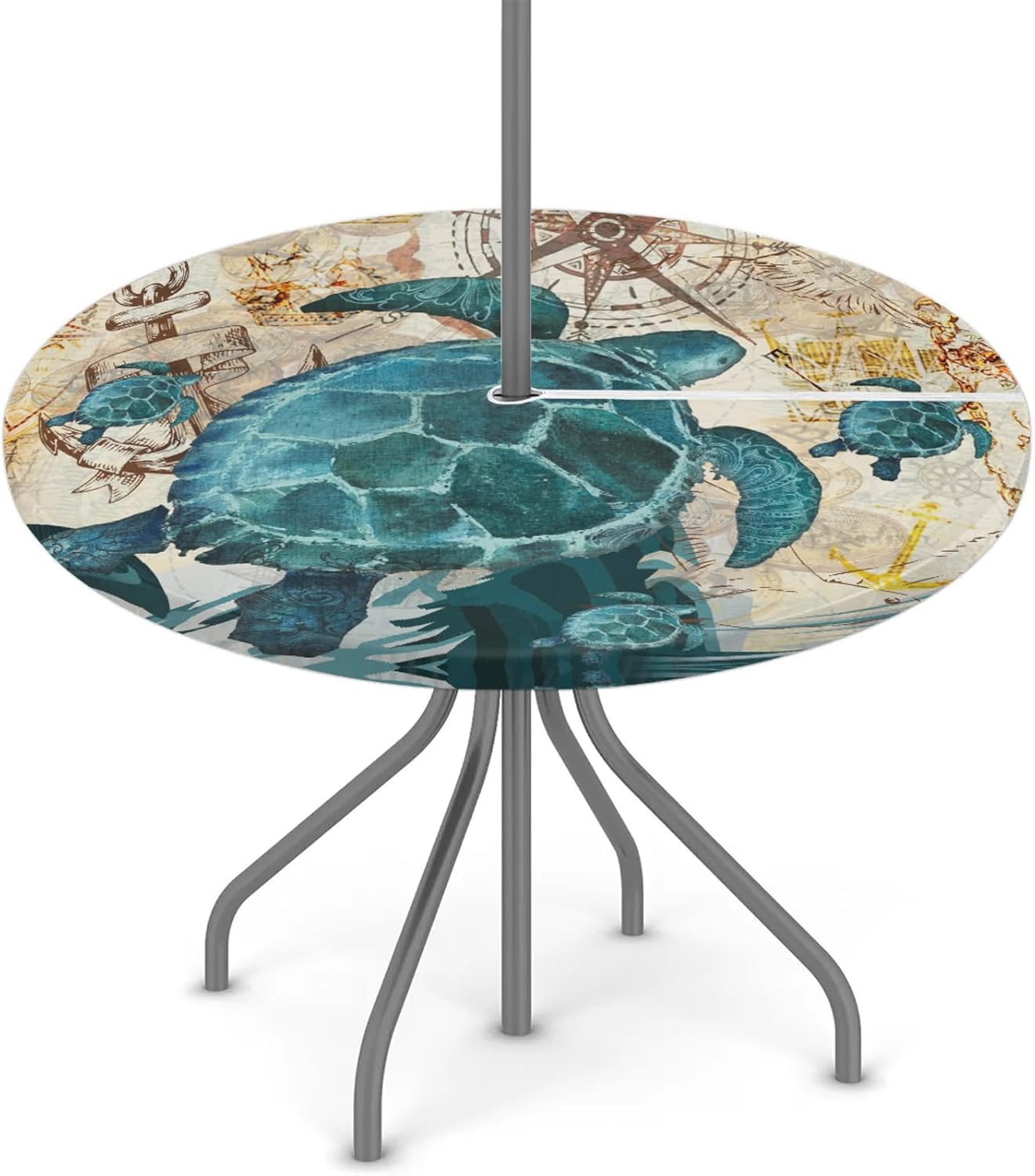 Round Fitted Tablecloth with Umbrella Hole Zipper - Summer Starfish Outdoor Table Cover with Elastic Edge - Waterproof Wipeable Table Cloth for Patio Picnic Party - 36"- 44"