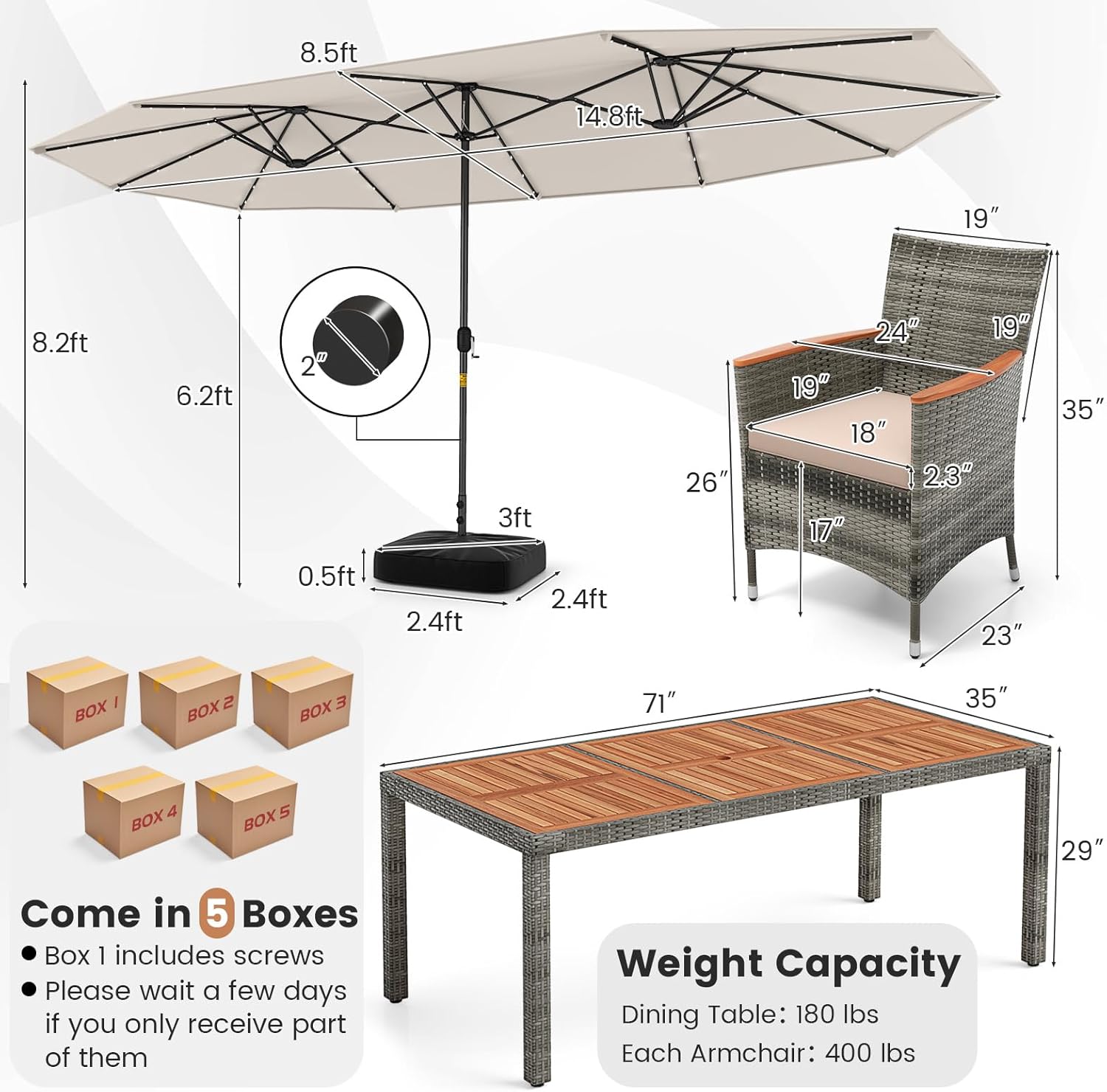 Tangkula 11 Pieces Patio Dining Set with 15 ft Double-Sided Patio LED Umbrella (Base Included), Outdoor Rattan Furniture Set with 8 Armchairs, 1 Rectangular Acacia Wood Dining Table
