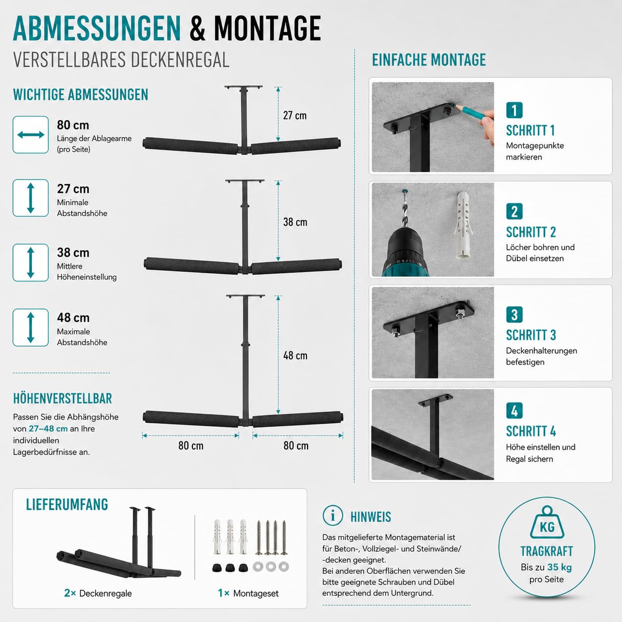 QLS Lot de 2 étagères suspendues pour plafond, échelle, kayak, planche de surf, rangement d'outils - Noir