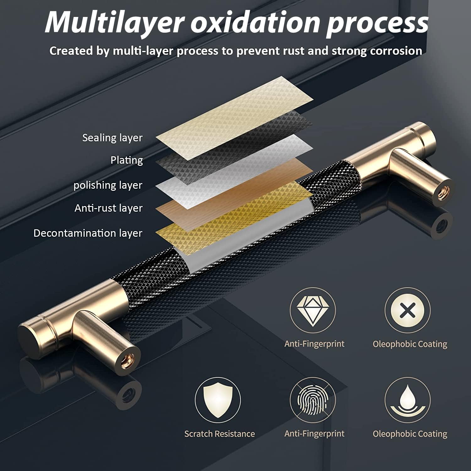 10 Pack Black Cabinet Handles , 6" Drawer Pull, Cabinet Pulls Aluminum Handles Round Pull for Drawer, Gold and Black Oxidation Finish with Diamond Pattern Golden Finish ( 5" Hole Center)