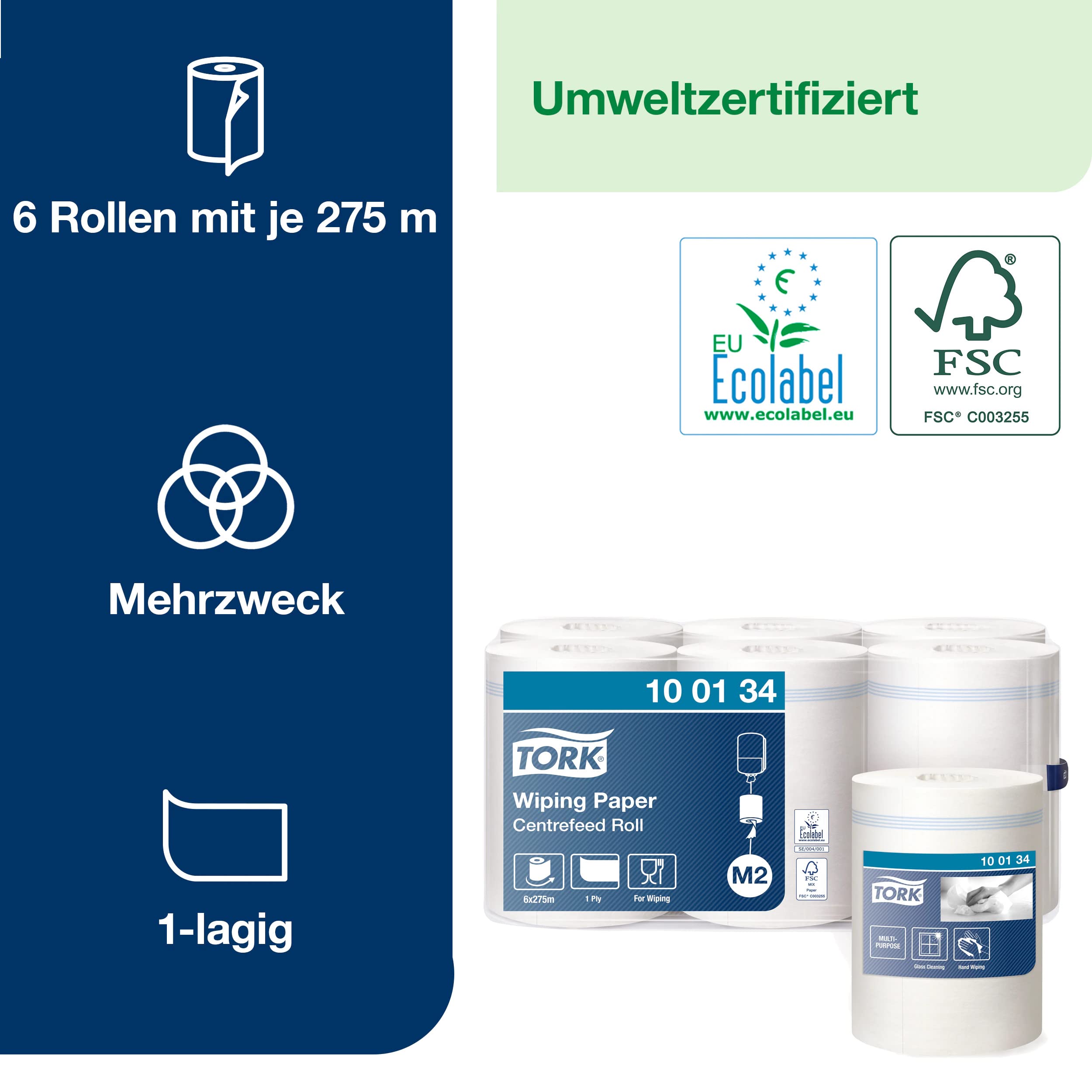 Tork 100134 Mehrzweck Papierwischtücher für das M2 Innenabrollung Spendersystem / 1-lagiges stabiles Papier in Weiß, 6 x 275 Meter