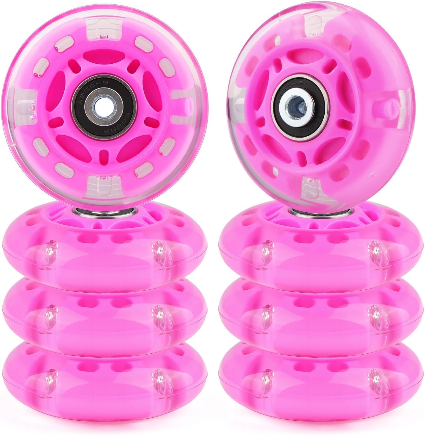 Light Up Inline Skate Replacement Wheels, 60MM 64MM 68MM 70MM 72MM 76MM 80MM 85A Hardness, ABEC-7 Bearings, Universal Fit (Pink, 60MM)