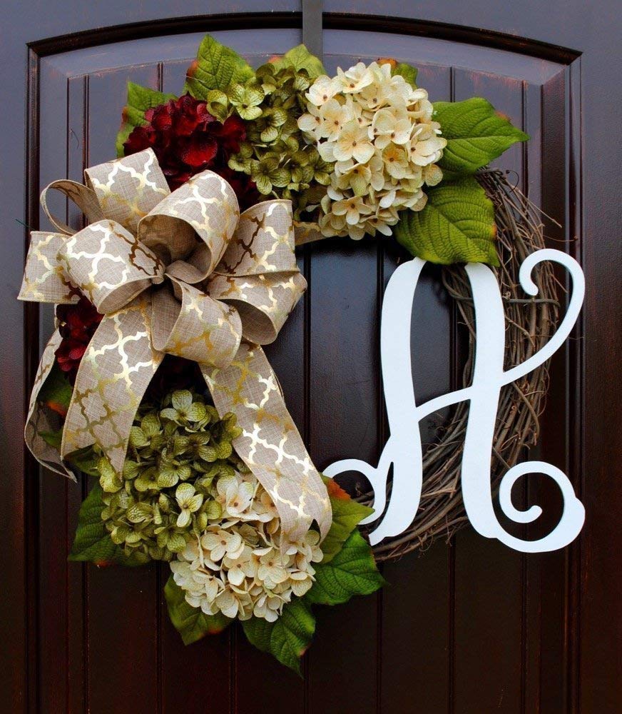 Hydrangea Monogram Initial Front Door Wreath with Bow