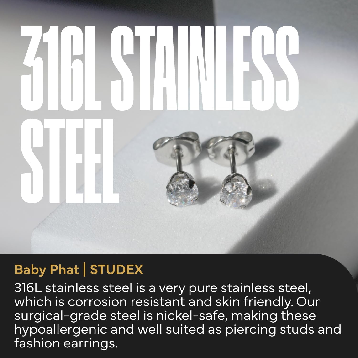 Studex Baby Phat Stud Earrings for Women and Men – Hypoallergenic Stud Earring Set, Jewelry for Sensitive Skin, Nickel Safe
