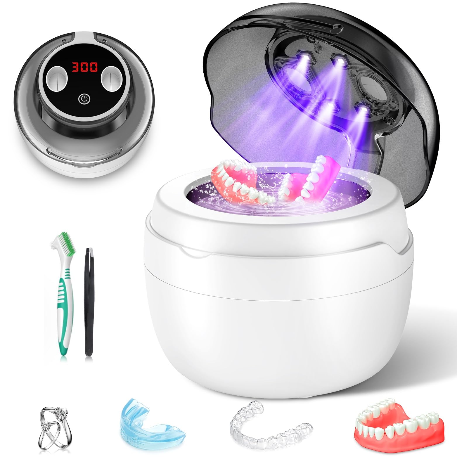 Ultraschall-reinigungsgerät, 50000Hz Ultraschall Reiniger 250ML Automatischer UV-reinigungsgerät 4 Modi Ultrasonic Cleaner für Zahnersatz, Retainer, Aligner, Prothesen, Zahnschiene, Schmuck