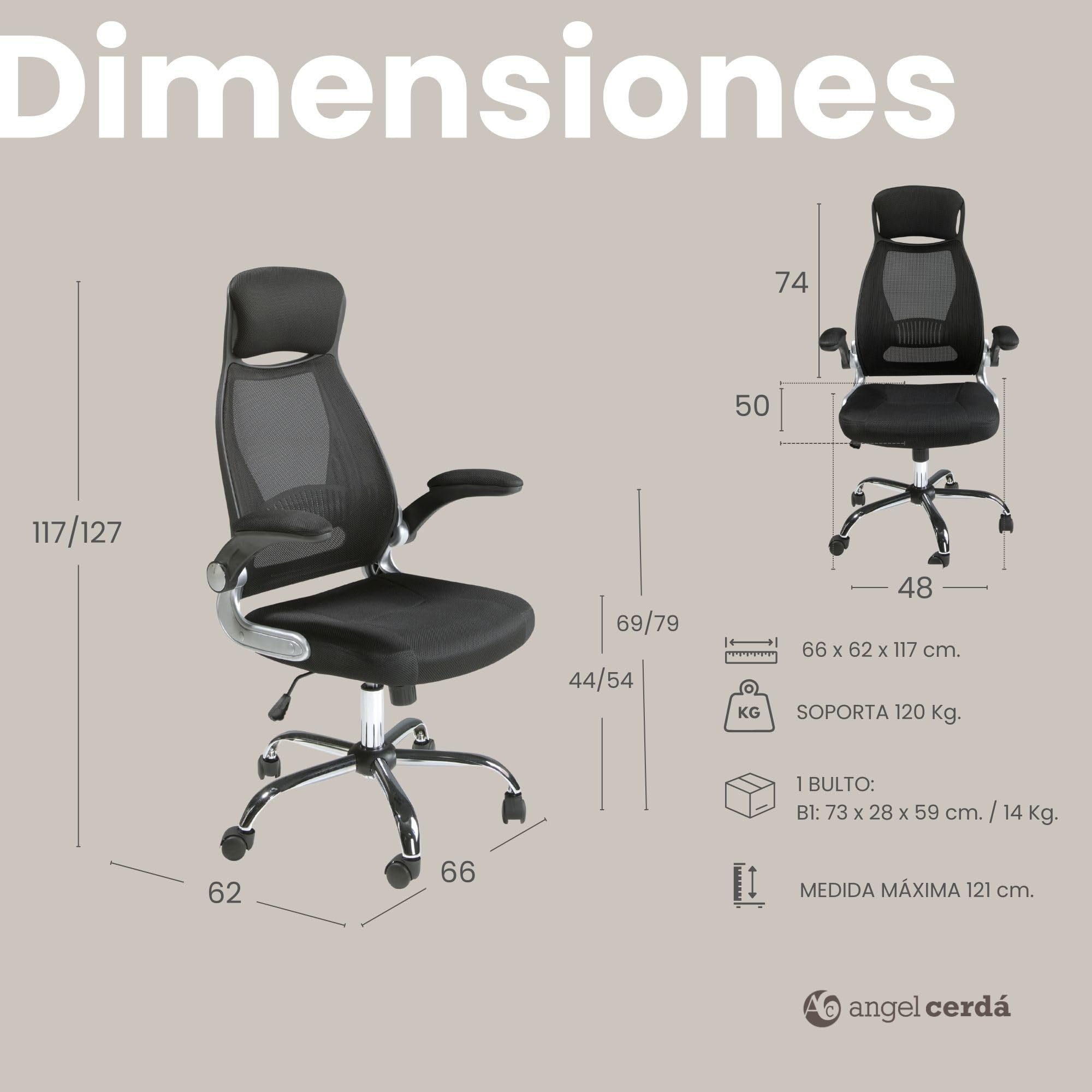 Angel Cerdá – Silla Escritorio Premium Giratoria, Tapizada en Tela Negra | Silla Escritorio Ergonomica Respaldo Ancho y Reposabrazos | Patas Acero Cromado | 66 x 62 x 117 cm