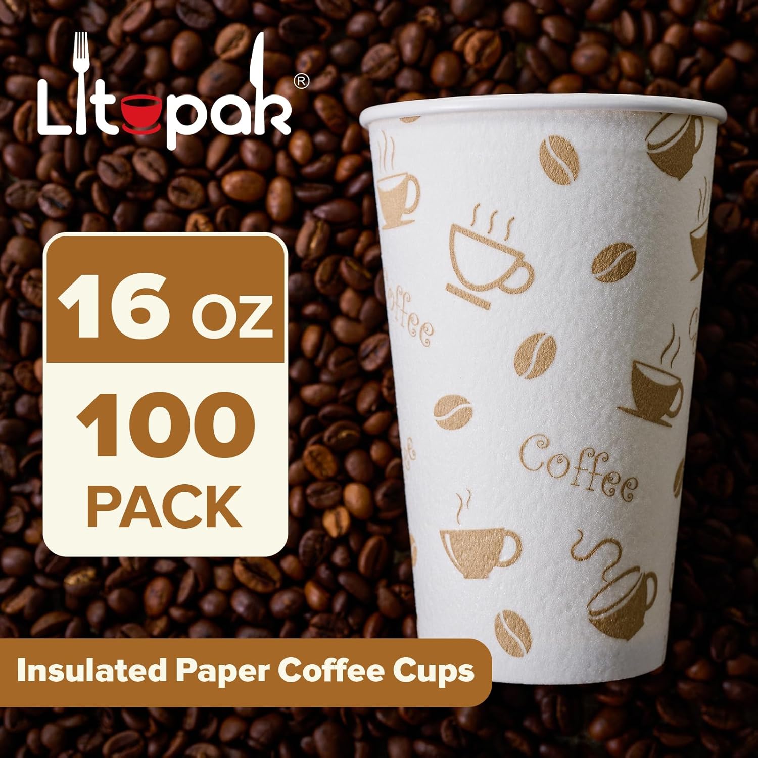 LITOPAK 100 Pack 16oz Paper Coffee Cups, Disposable Insulated Hot Coffee Cups 16 Ounce for Cafes, Families, and Parties - Image 2