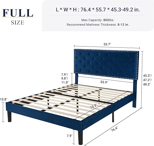 Miniatura 2 de Allewie Base de cama tapizada de terciopelo de tamaño matrimonial con botón de diamante ajustable y cabecera con ribete de clavos, soporte de Azul