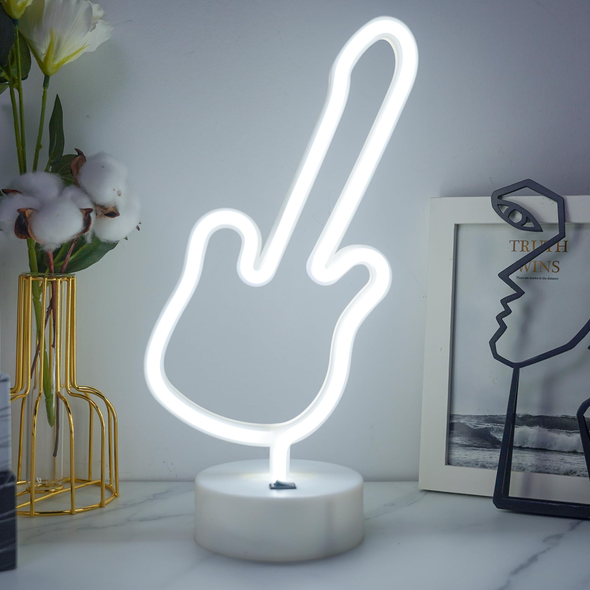 Insegna al neon a forma di chitarra, luce al neon a LED bianca con base di supporto, luce notturna per camera da letto, alimentata a batteria/USB, per feste, matrimoni, compleanni, festival