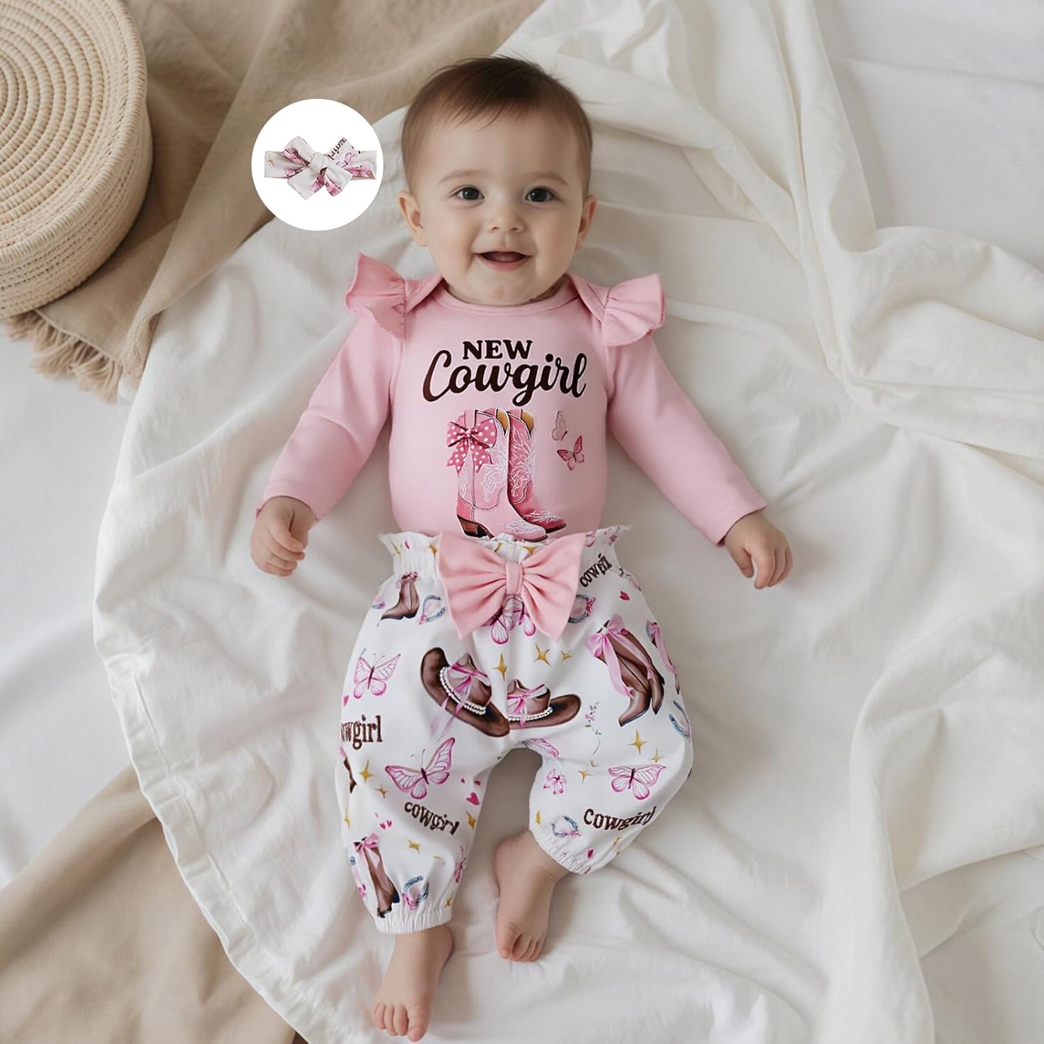 Baby Cowgirl Outfit Letters Long Sleeve Ruffle Romper Floral Pants Headband Sets 1st Rodeo Clothes 0-18 Months - Image 2