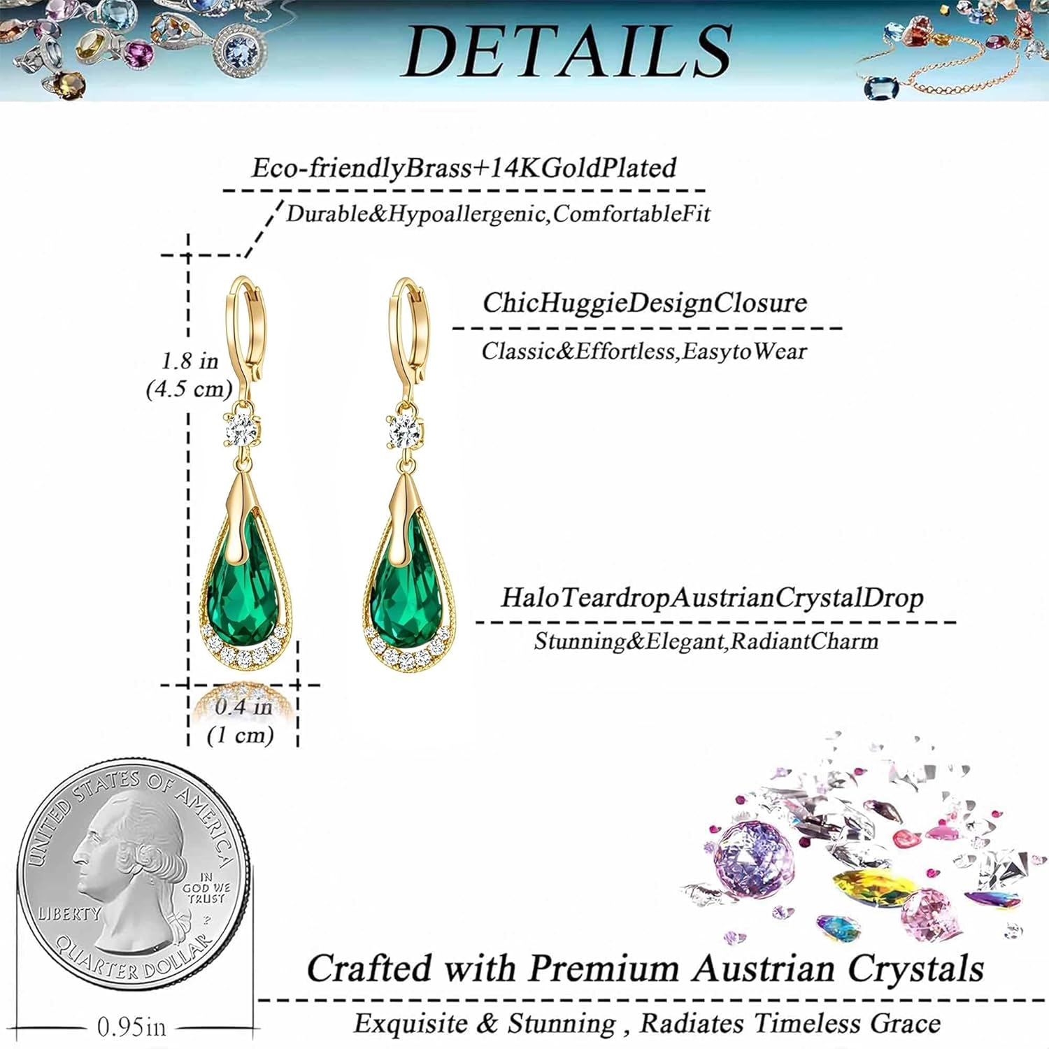 Trendy Austrian Crystal Teardrop Drop Huggie Dangle Earrings for Women 14k Rose Gold Plated Hypoallergenic Jewelry Gifts