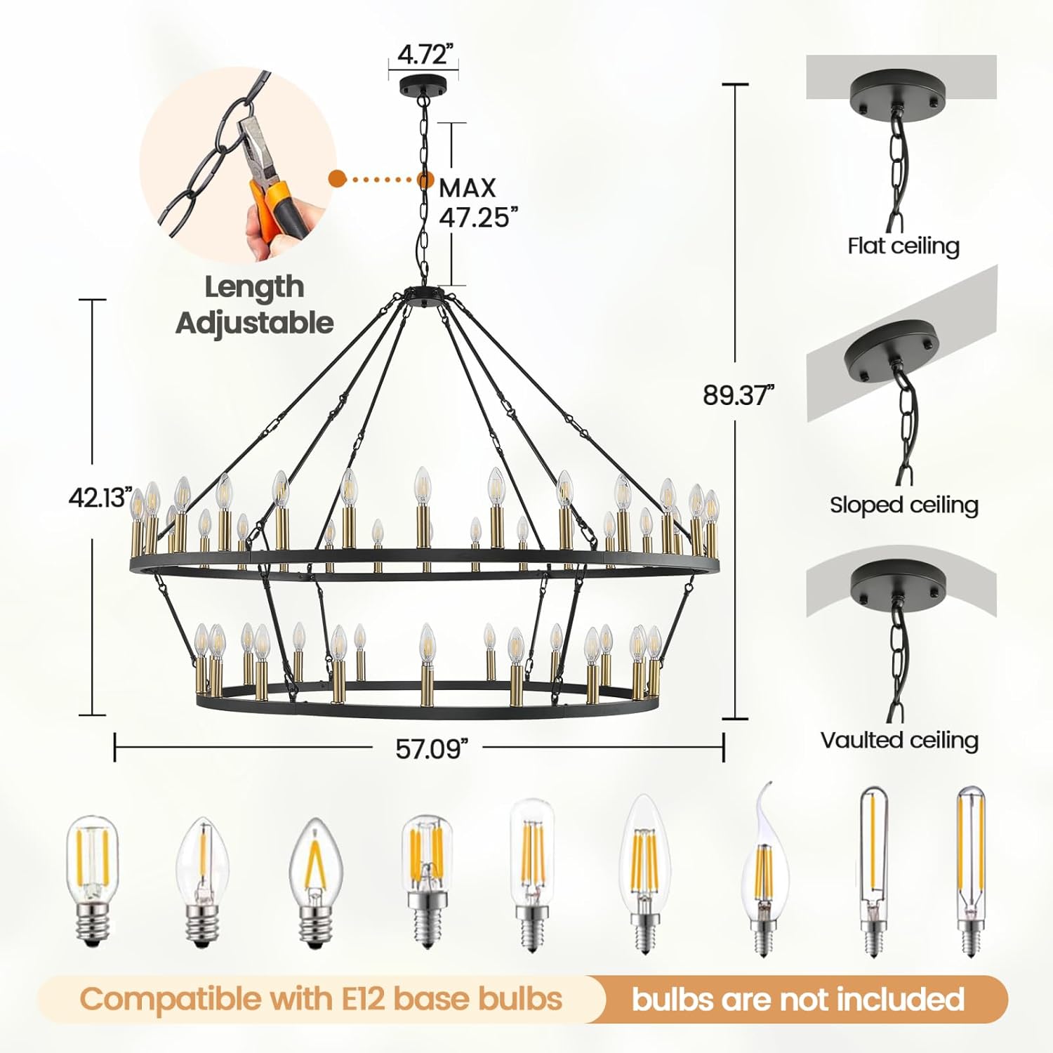 WJShome Elevate Your Dining Experience with a 57 Inch Black and Gold Wagon Wheel Chandelier - Gorgeous 2 Tier, 48-Lights for Farmhouse Dining Rooms & Grand Entryways - Ideal for High Ceilings!