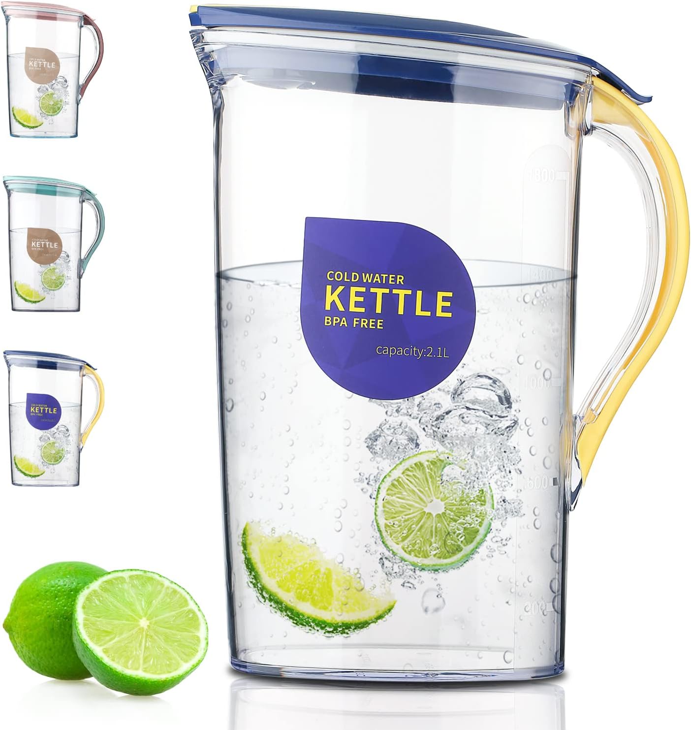 Fridge Door Water Pitcher with Lid Perfect for Making Tea, Juice and Cold Drink, 2.1L Water Jug Made of Clear PET, No Smell Clear Fiber Glass Carafe BPA Free
