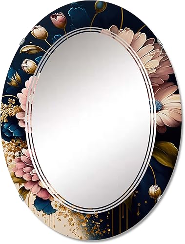 Miniatura 6 de DesignQ Burgundy and Blue Daisy Bunch I- Vanity Mirror, Bathroom Mirrors, Wall Mirrors for Living Room, Bedroom - Round Mirror - Large 24'x24',