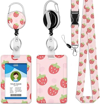 ID Badge Holder with Lanyard and Retractable Clip, Cute Lanyard for Badge Holder, Keys, Name Tags ID Card Protector for Teacher Nurse Doctor Student Women Gifts, Pink Strawberry