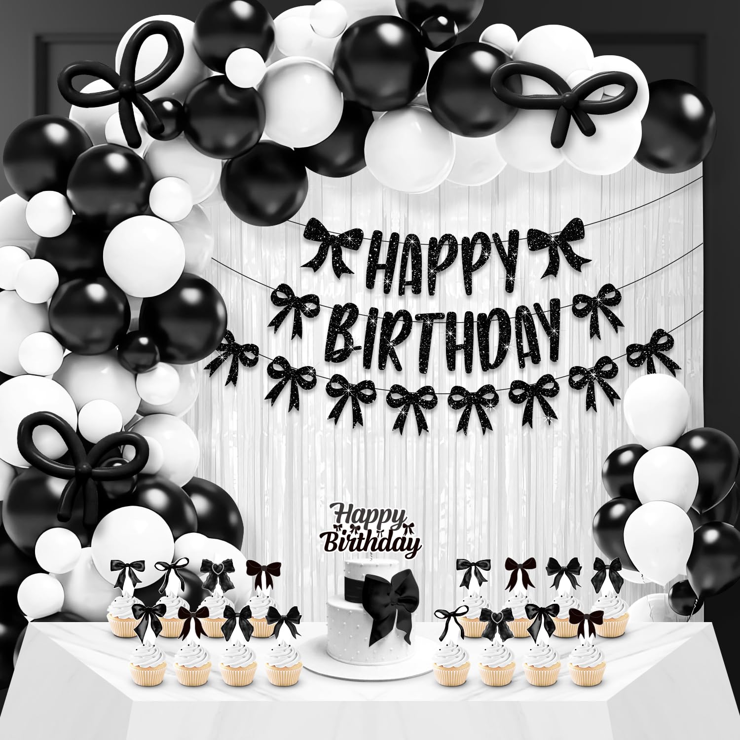 Black and White Bow Birthday Party Decorations with White Long Balloon Arch Kit Happy Birthday Banner Silver Fringe Curtains for Bow Themed Coquette