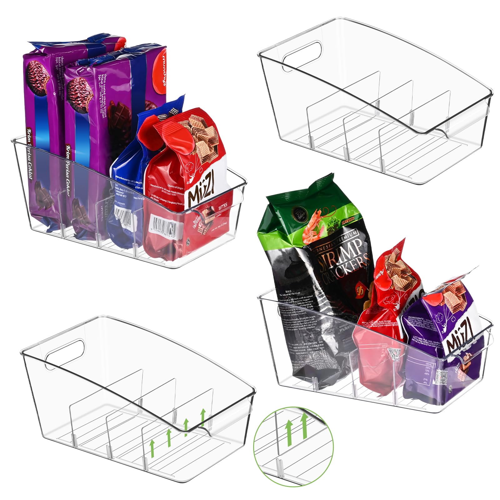 Lot de 4 bacs de rangement transparents amovibles en plastique avec 3 séparateurs, organiseur de réfrigérateur, bacs de réfrigérateur, organisation de cuisine