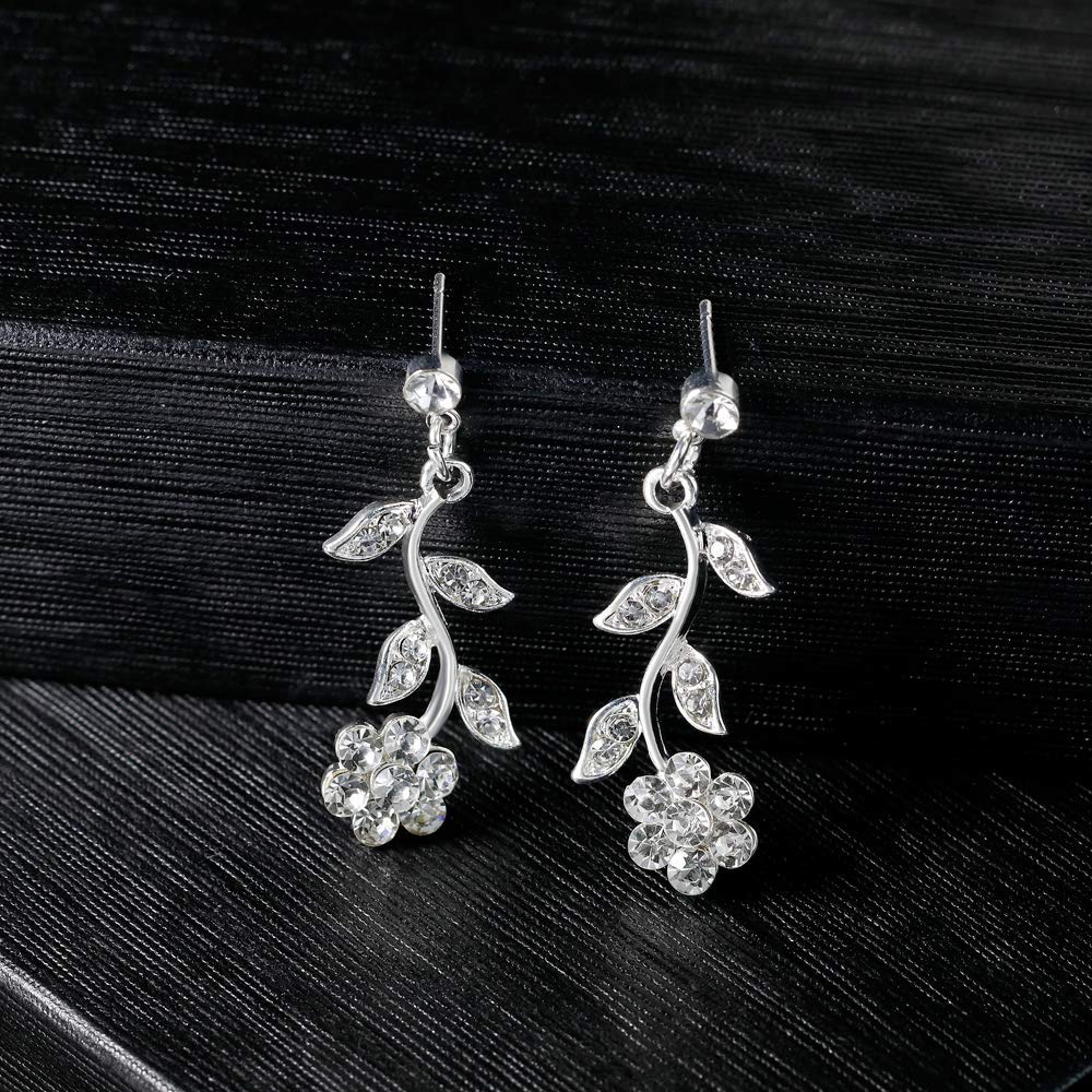 Elegante Conjunto de Joyas Nupciales de circonita cúbica con Flores, Hojas y Diamantes de imitación, Collar y Pendientes Colgantes para Novia.