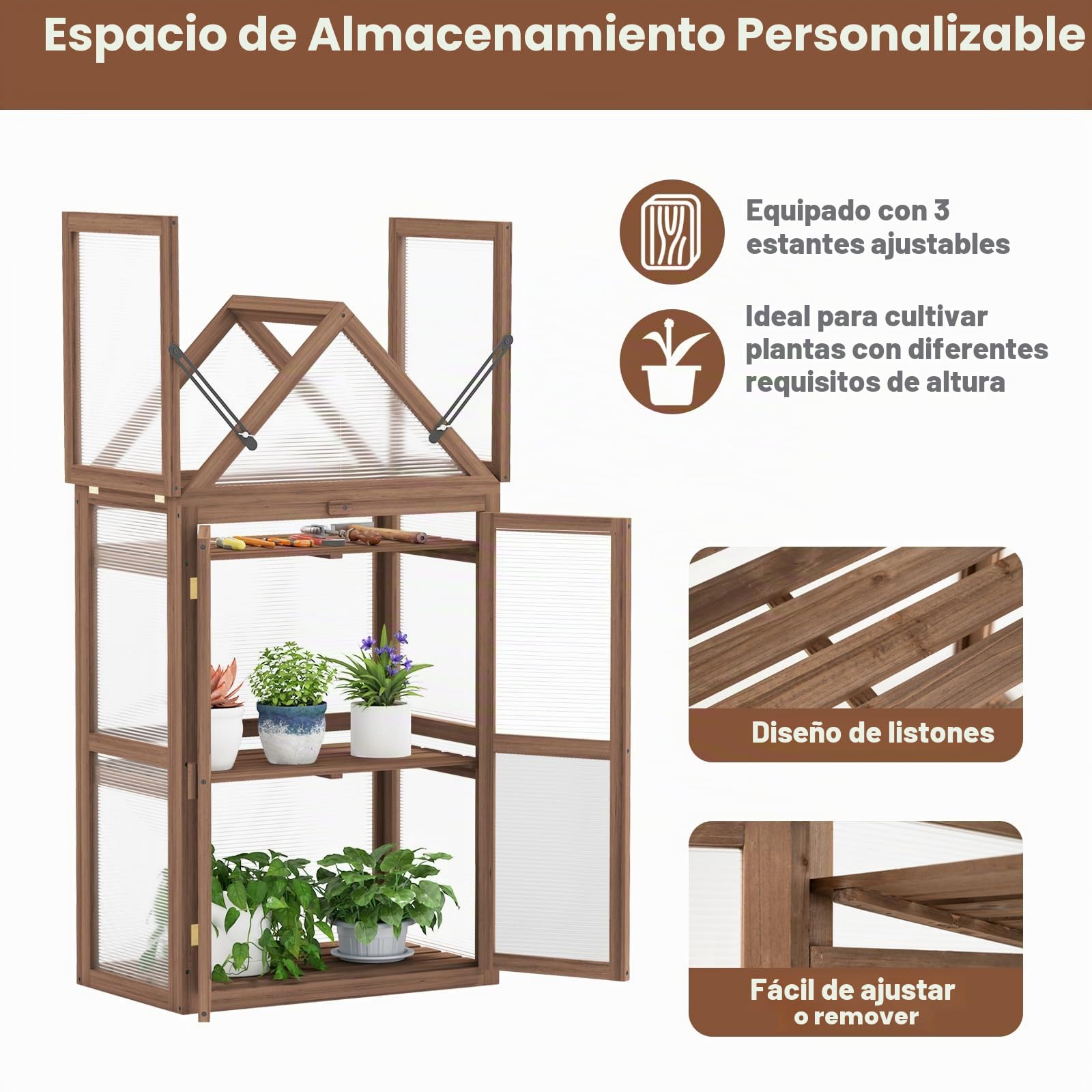 HOMASIS Mini Invernadero de Jardín de PC Transparente, Invernadero de Madera de Abeto con 2 Puertas de Techo Corredizo con Estantes Ajustables, para Balcón, Jardín, 71 x 41 x 132 cm