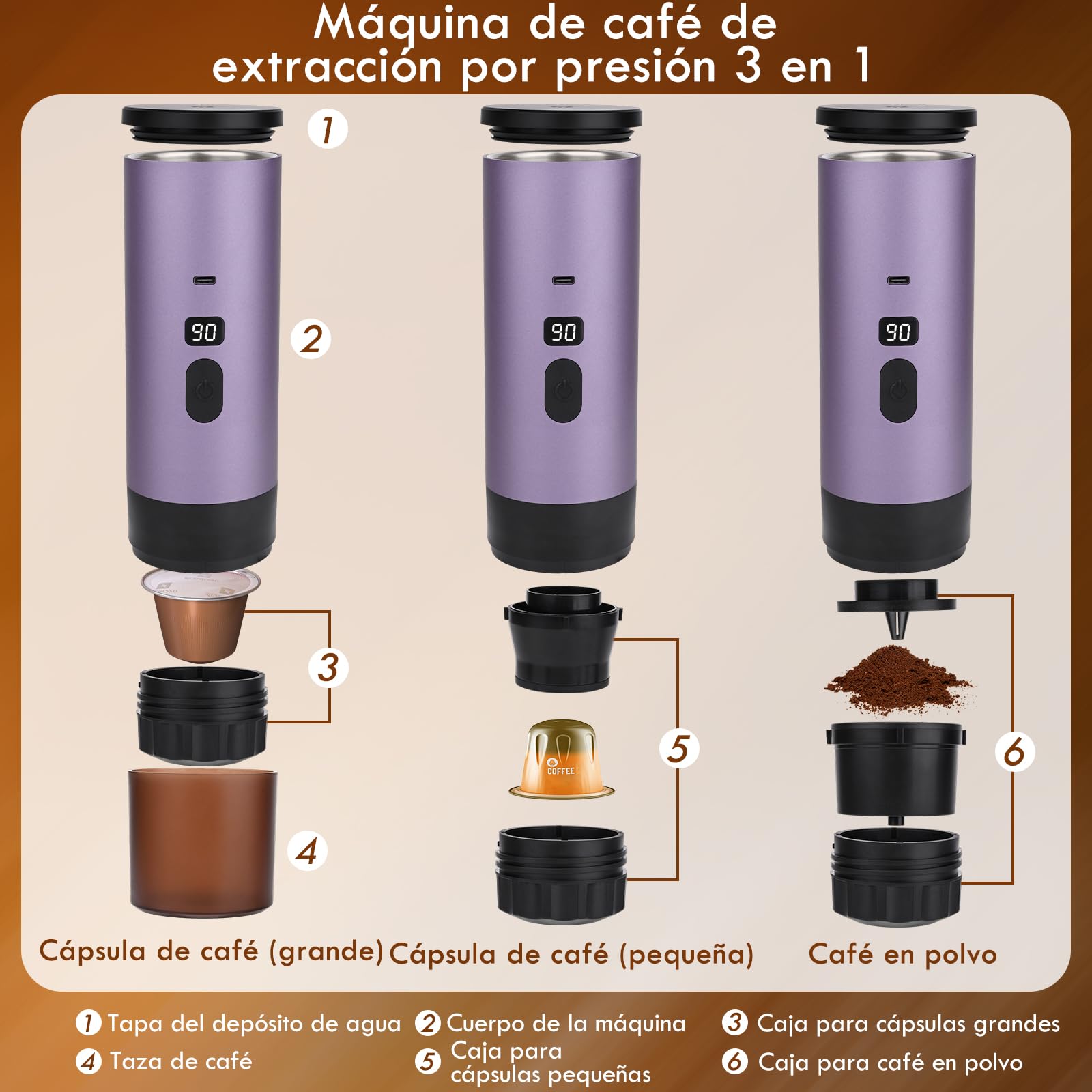 Euakee Cafetera Espresso Portátil,Eléctrica Cafetera Capsulas, 15Bar, 90ML, Compatible con NS/DG/Café Molido, Puede preparar 50 tazas de café para Camping para RV Senderismo Oficina