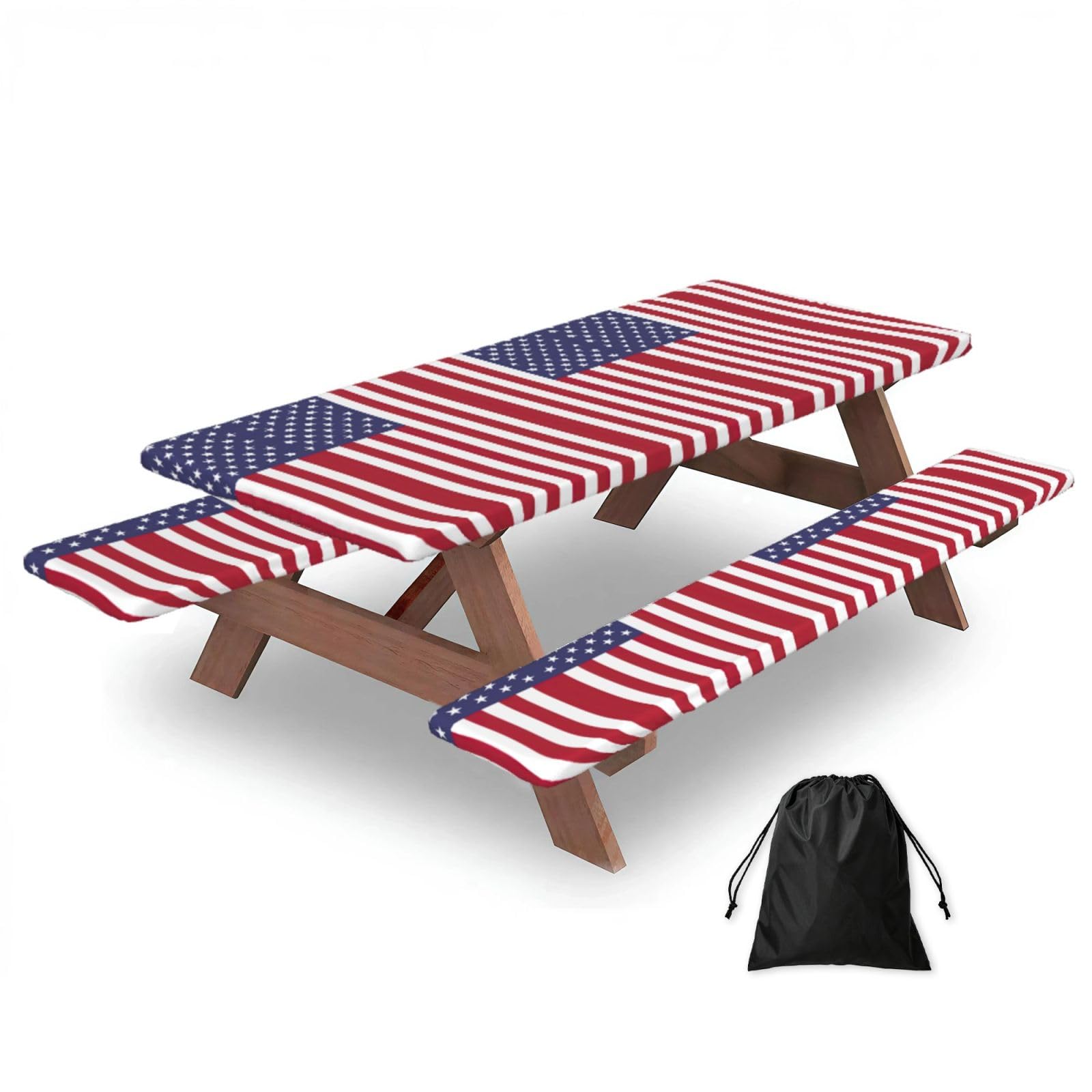 Yqxwjl Black American Flag Print Camping Essentials Waterproof Camping Table And Bench Cover With Drawstring Bag 183 Cm