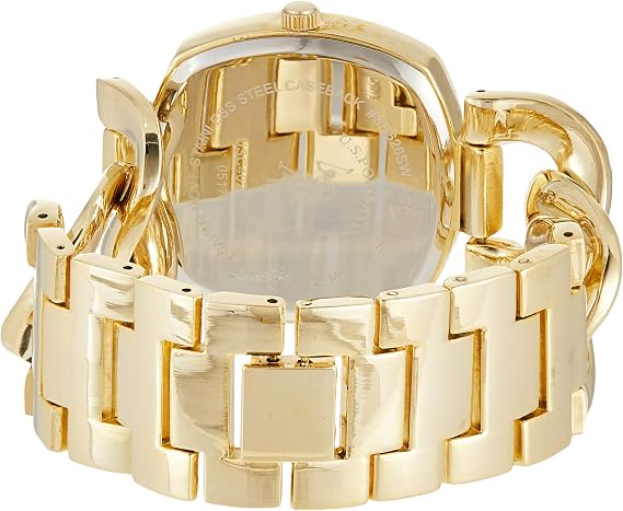 U.S. Polo Assn. Womens Gold-Tone Chain Bracelet Watch 38mm Square Case, Rhinestone Dial, Adjustable Link Strap, Elegant Quartz Dress Watch with Gift-Box