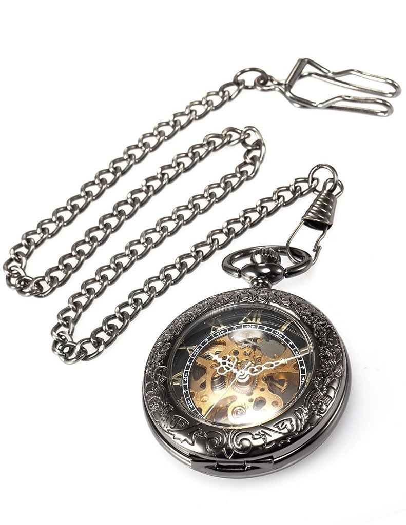 TREEWETO Steampunk szkielet mechaniczny miedziany zegarek kieszonkowy retro, Czarny, Retro