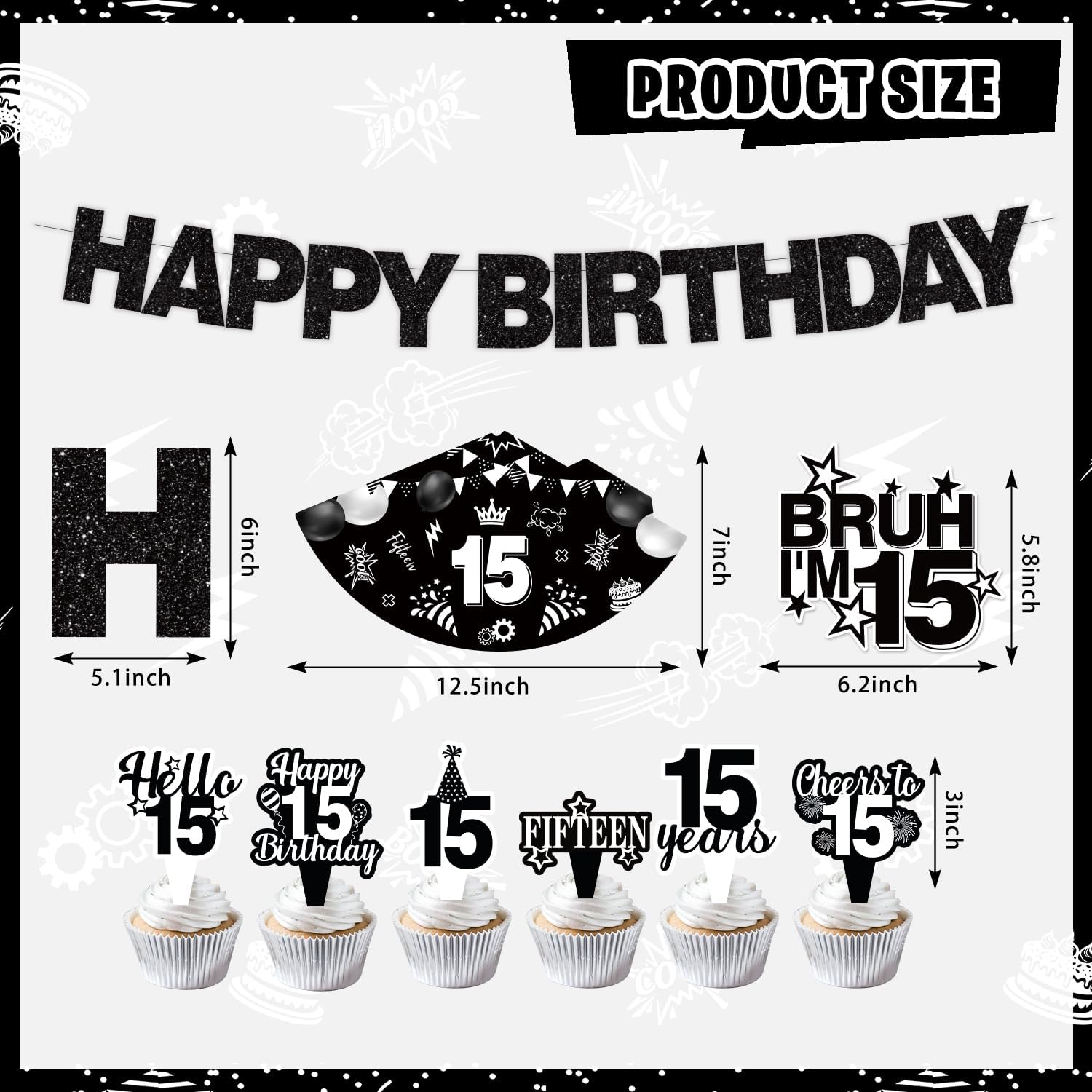 KOTLMIGHT 15th Birthday Decorations for Boys, Black Bruh Im 15 Birthday Party Decor Supplies for 15 Year Old Boy - Backdrop, Banner, Balloons, Tablecloth, Centerpieces, Hanging Swirl, Hat, Wall Signs