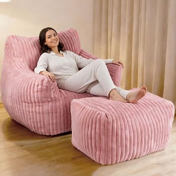 Giant Bean Bag Chair with Ottoman, Oversized Plush Comfy Bean Bag Sofa for Adults and Kids, Memory Foam Mini Couch Single Lounges for Living Room, Bedroom & Game RoomPink