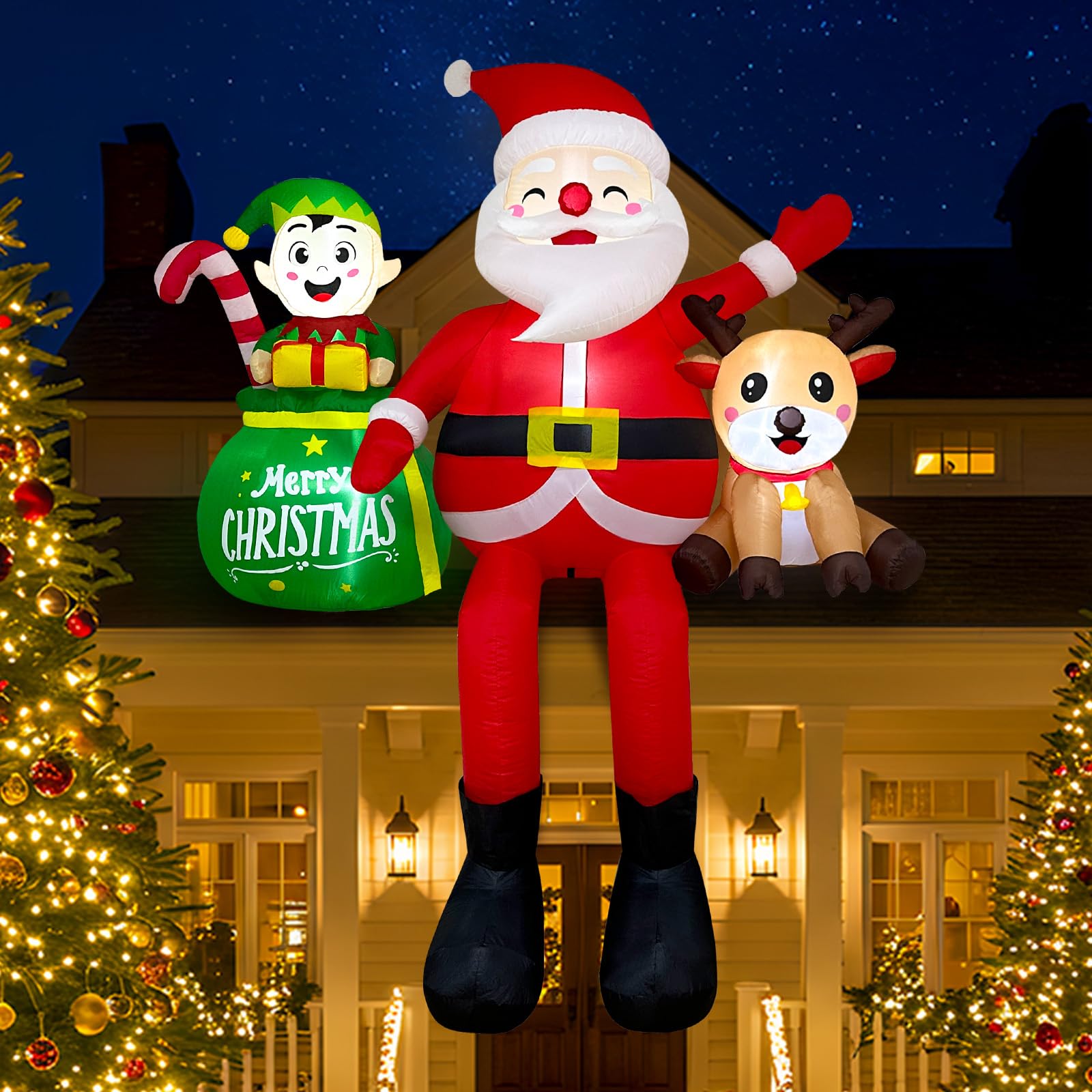Père Noël gonflable de Noël avec sacs cadeaux, décorations d'extérieur, Père Noël géant gonflable assis sur le toit pour décoration de fête de Noël, cour, jardin, vacances