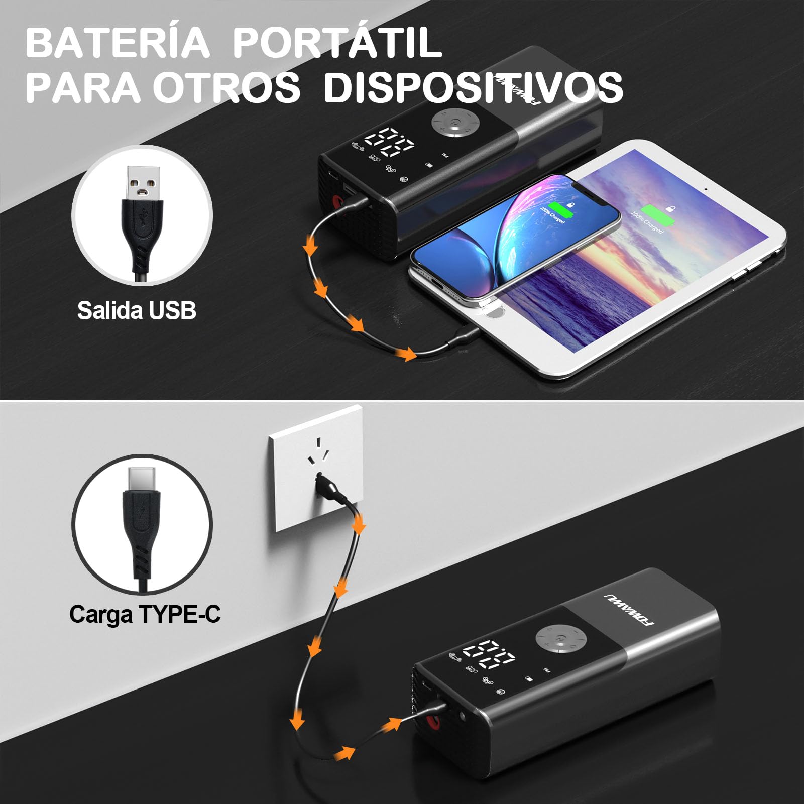 FOWAWU 6000mAh Compresor Aire Portatil, 150PSI 12V DC Bomba de Aire Bicicleta Electrica con gran pantalla doble LCD y Linterna LED, Inflador Ruedas Coche para Moto, Bicicletas, Pelotas