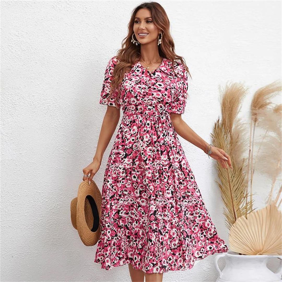 Vestido largo de manga corta con estampado floral para mujer, vestido largo de verano, oficina, fiesta, acampanado, vestido midi
