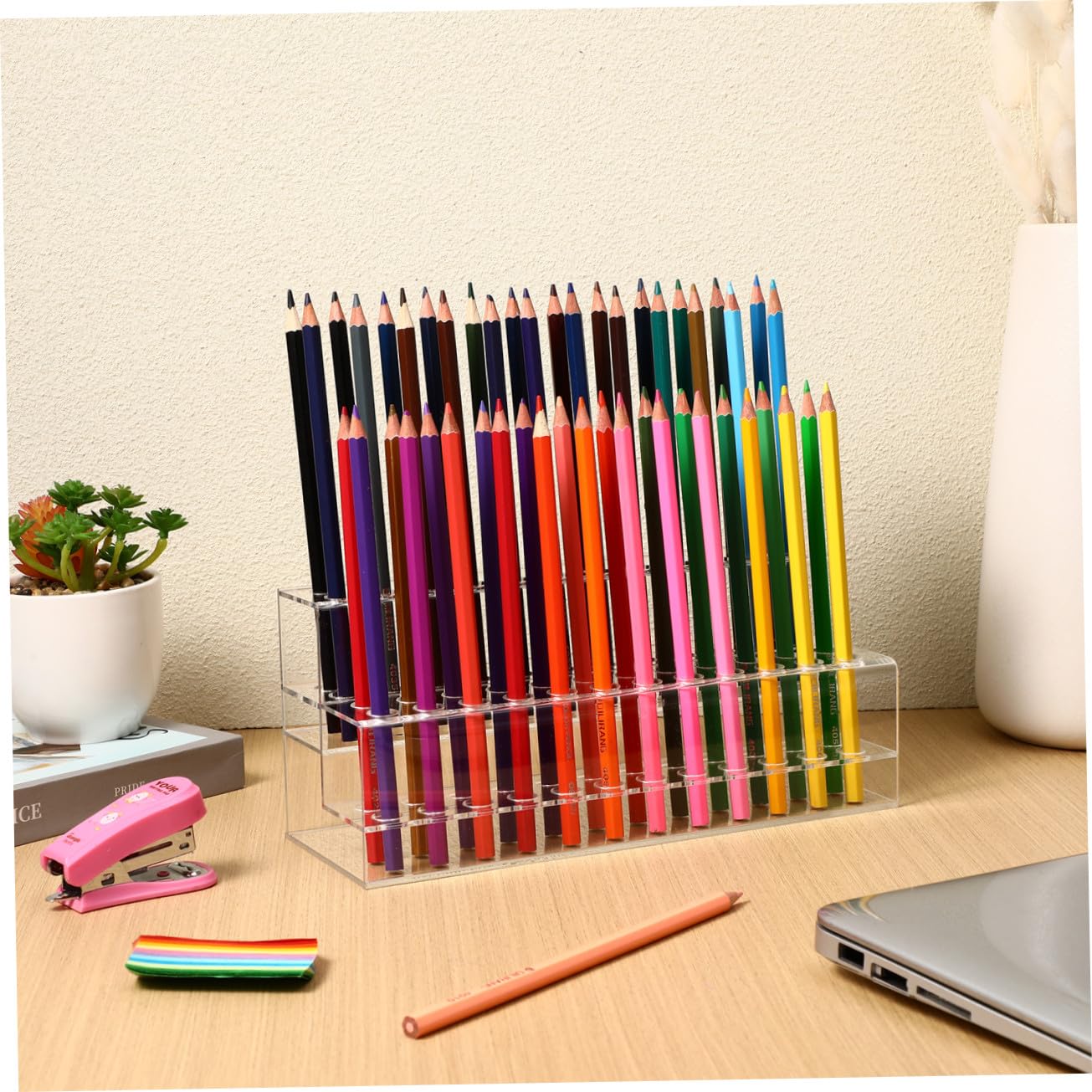 minkissy Porta Penne da Scrivania in Plastico Grande Capacità e Design Multi-slot, Struttura Stabile per Organizzare Strumenti di Scrittura e Pennelli