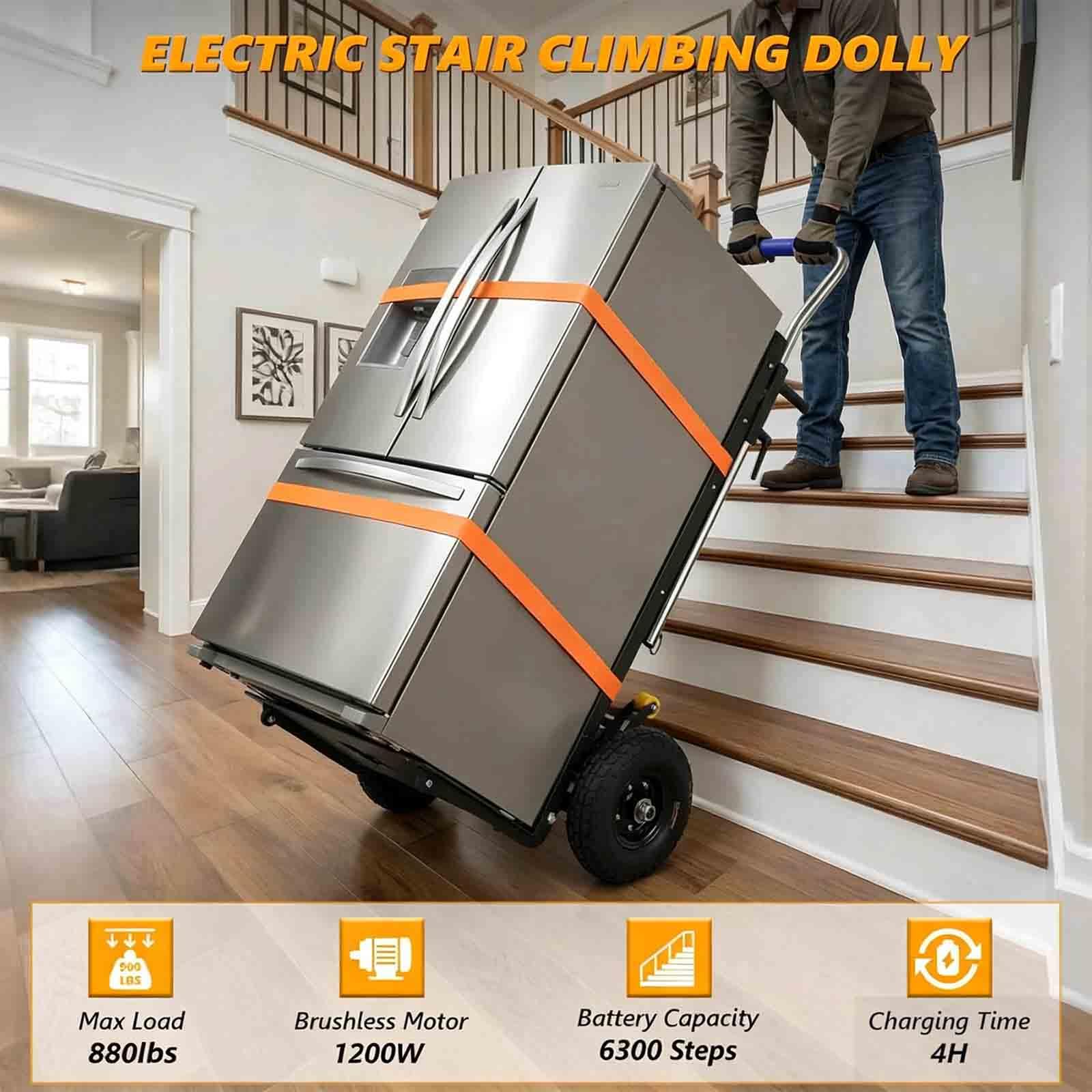 Carrello Elettrico da 1200 W, Batteria Rimovibile, Salire Le Scale Pesanti con Corda di Sicurezza e Pompa ad Aria per Il Trasporto di mobili, Facile da Usare e Portatile,001