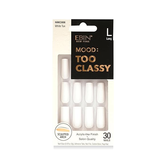 MOOD: TOO CLASSY Press On Nails - White Tux | Trendy Long Coffin Shape | Salon Acrylic Finish, Kit Includes 30 Nail Tips, Mini Glue, Adhesive Tabs, Nail File, Cuticle Stick, Prep Pad