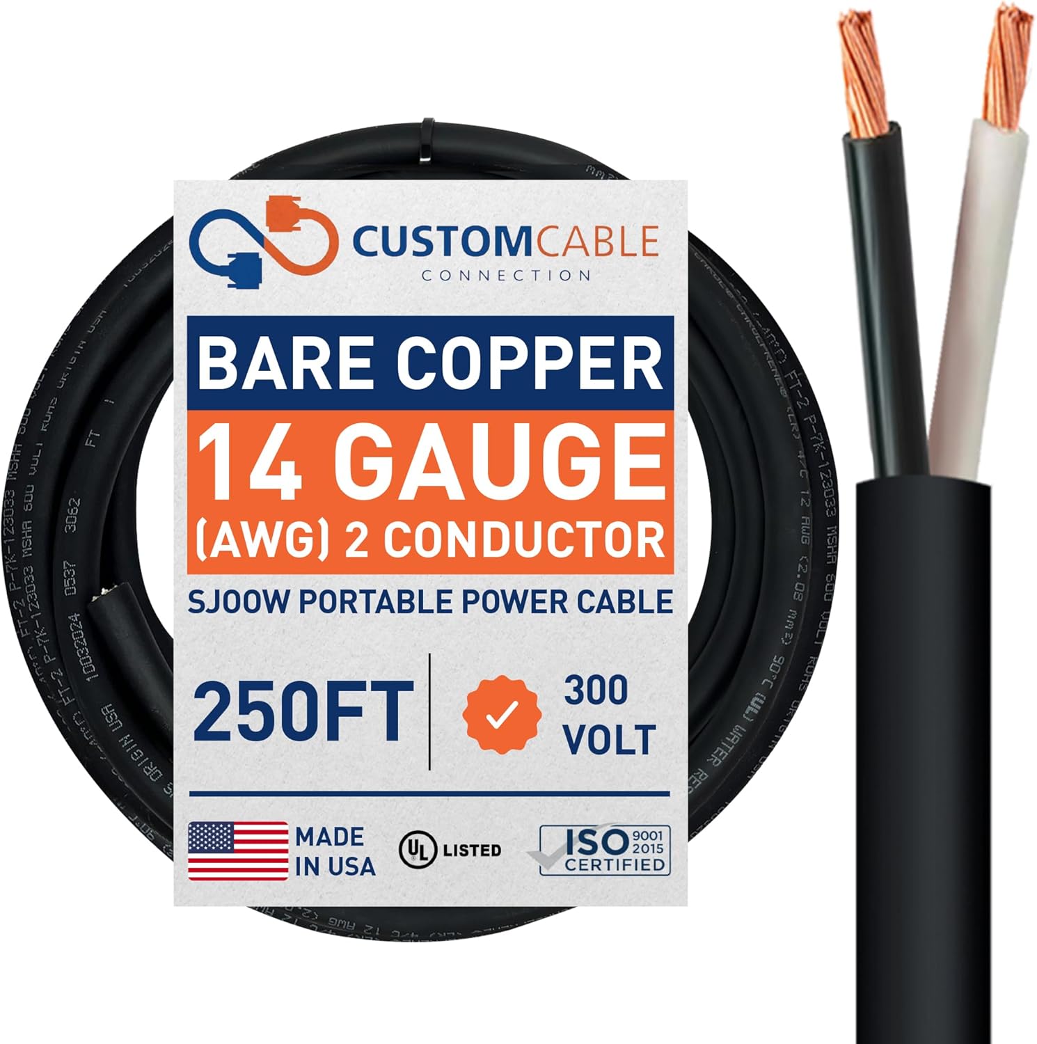 250 Foot - SJOOW 14 AWG 2 Conductor 300V Portable Power Cable - 250 Foot Spool