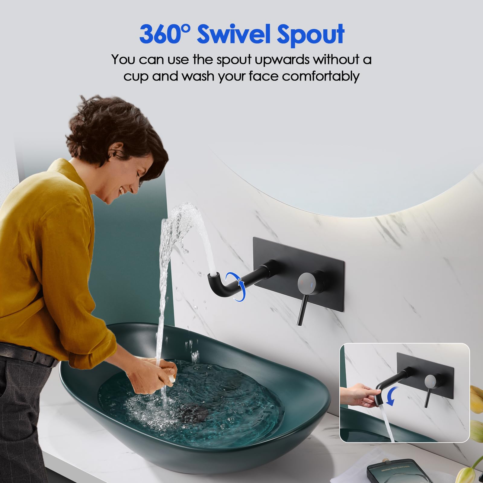 ROVOGO Black Wall Mounted Basin Mixer Tap with Escutcheon & Concealed Stainless Steel Body 304 for Bath or Tub 2-Hole Bathroom Basin Tap with 360° Rotatable Spout - Image 3