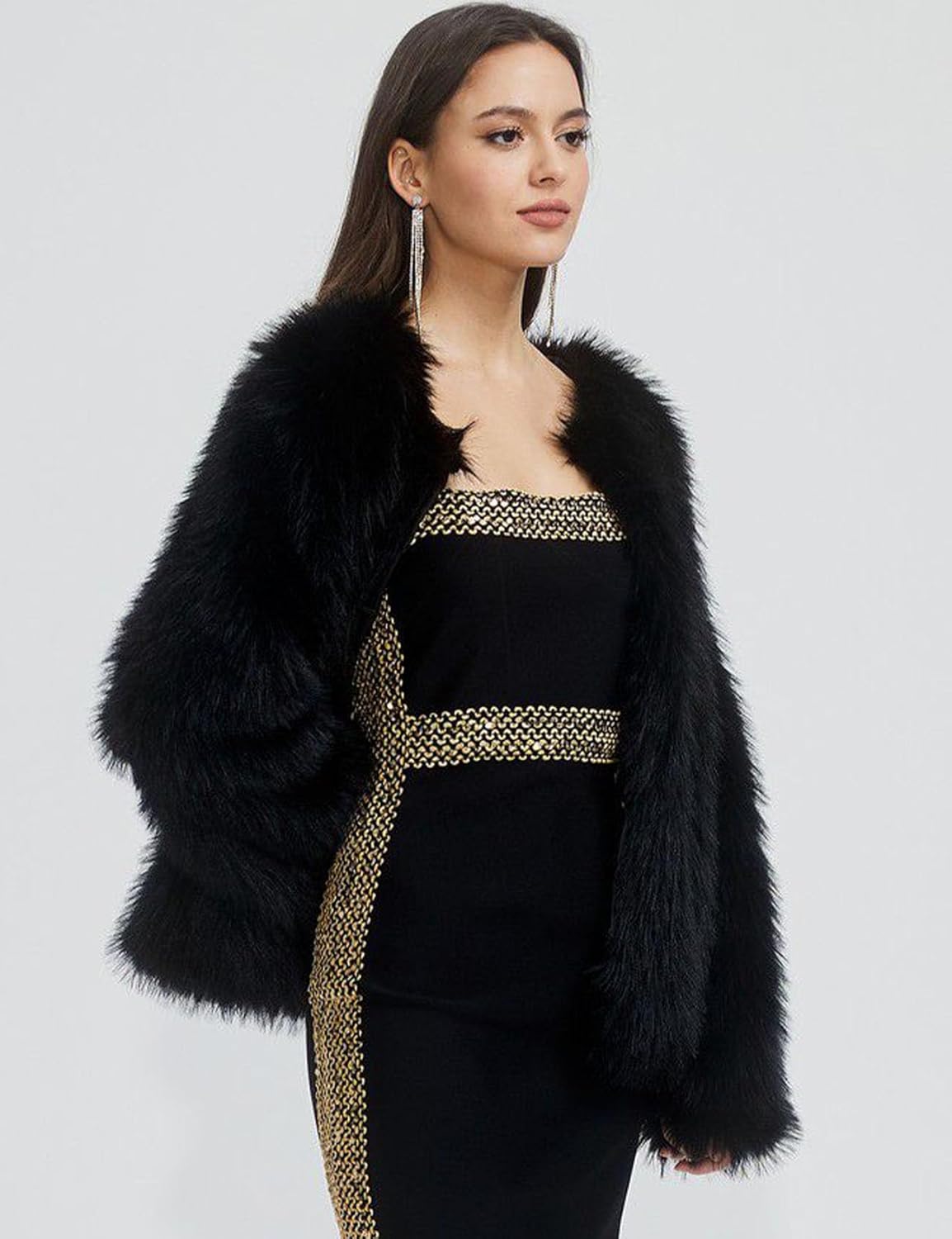 Flygo Women Faux Fur Coat Fluffy Long Sleeve Open Front Cropped Furry Jacket Shaggy 2025 Warm Winter Outwear with Pockets - Image 4