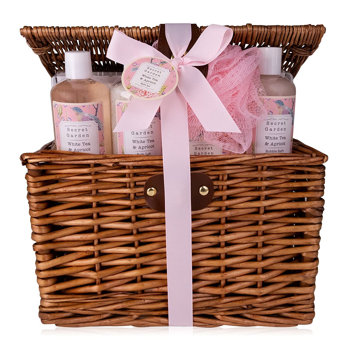 Set regalo Accentra SECRET GARDEN in un cestino da picnic in vimini, contenente gel doccia, bagnoschiuma, sali da bagno, sapone e spugna a rete, set per la cura del benessere da donna