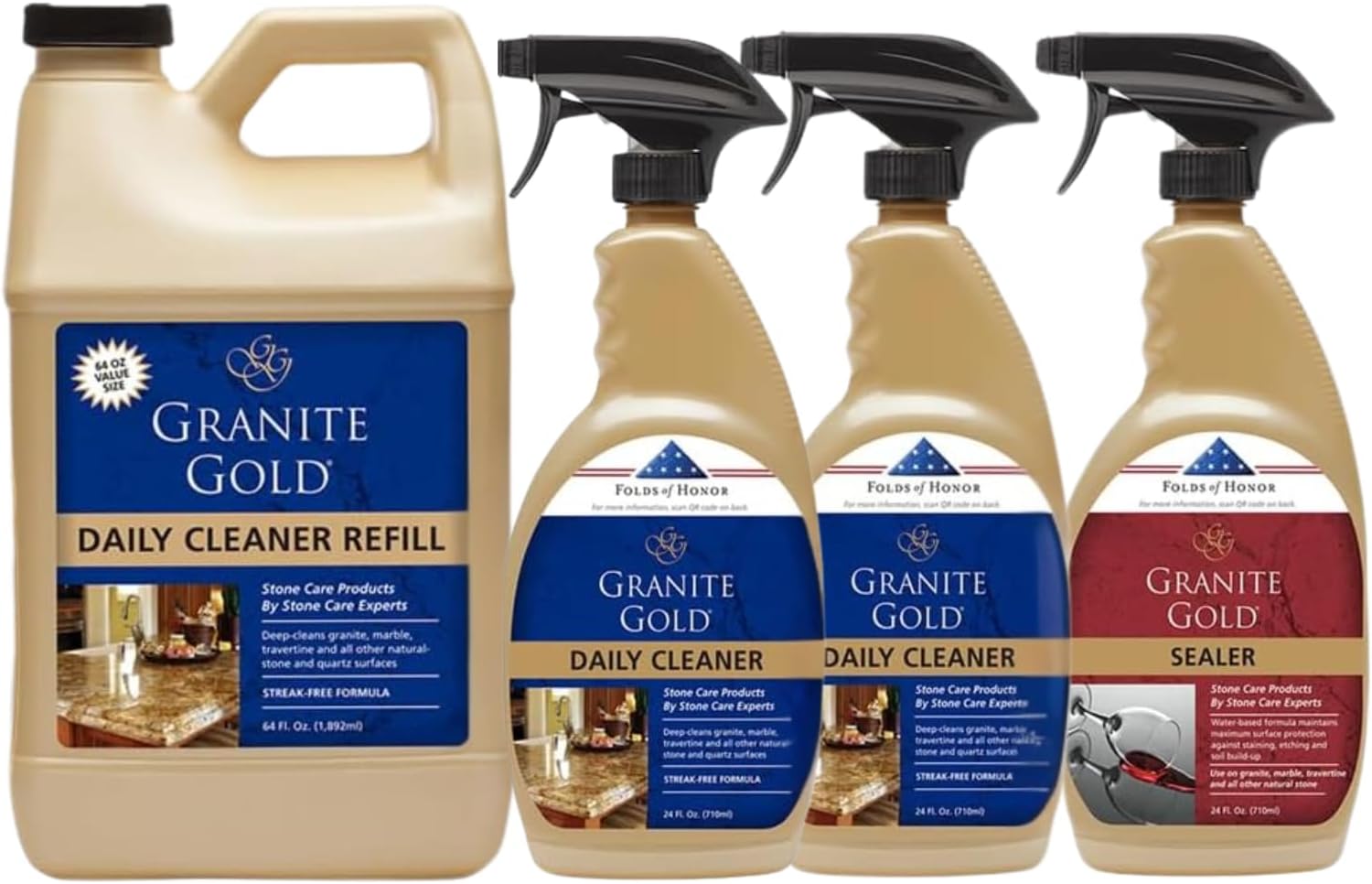 Granite Gold Daily Cleaner Spray 3-Pack with Sealer Spray 1-Pack for Granite, Marble, Travertine, Quartz, Natural Stone