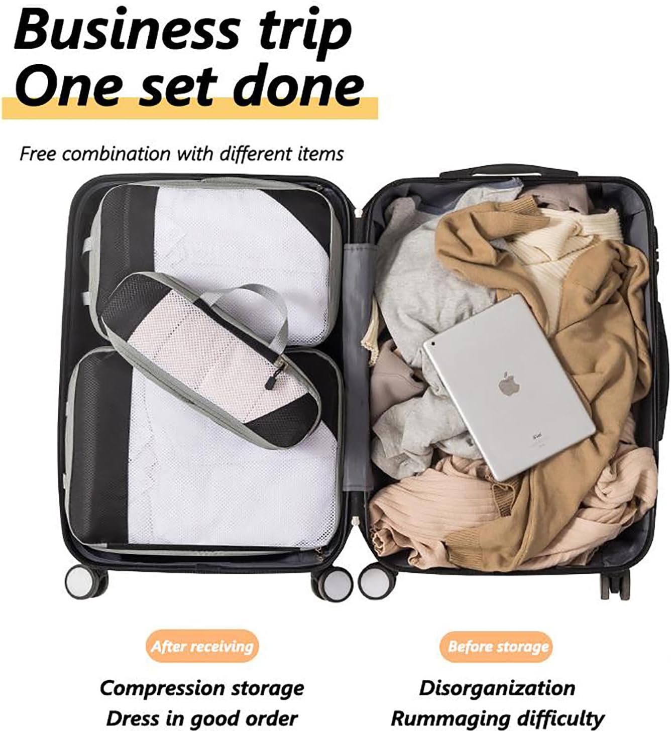 Christmas Gifts Compression Packing Cubes for Travel Waterproof Packing Cubes Suitcase Organizers Luggage Organizer Bags with Shoe Bag Travel Camping Lovers Gifts（8 Pack，Black）
