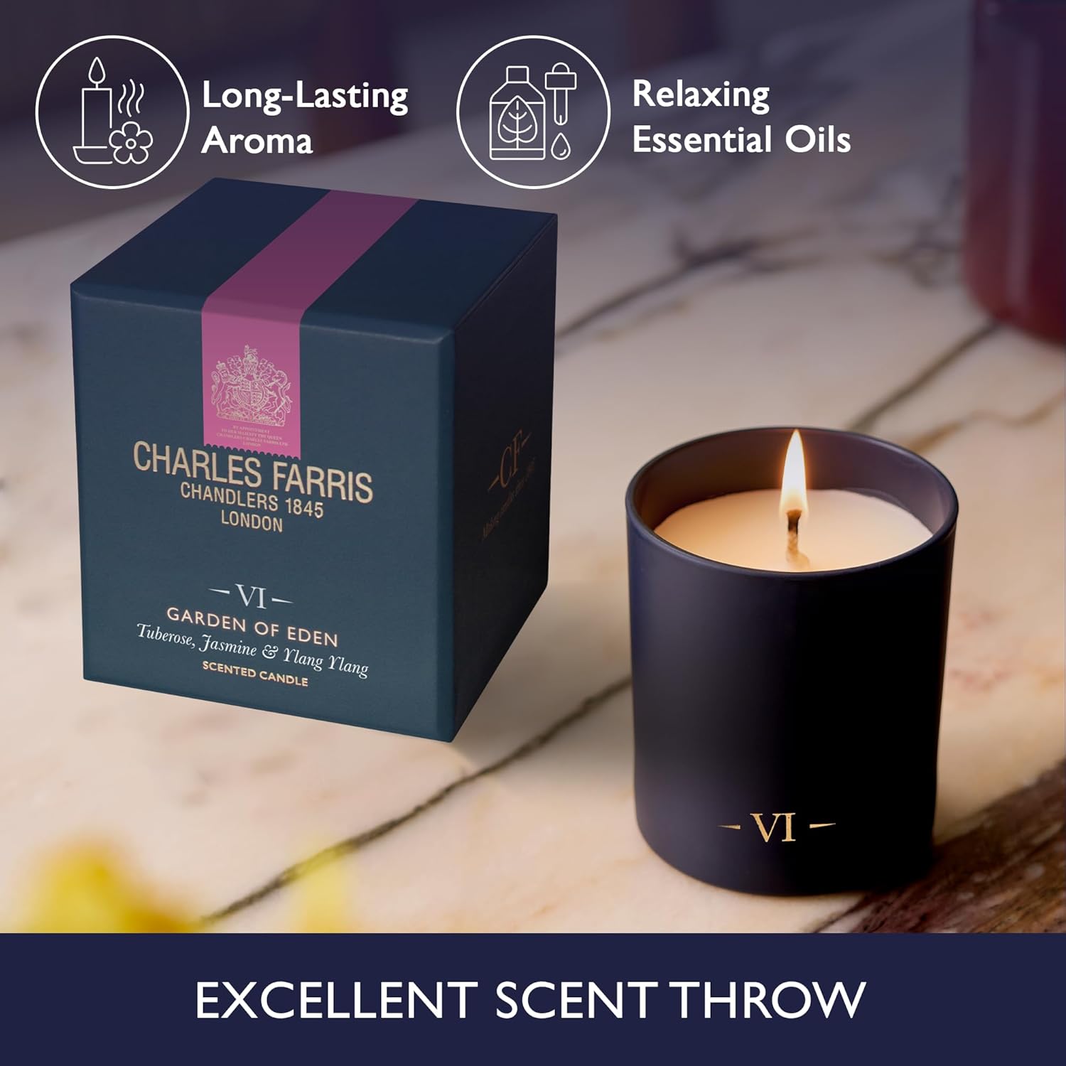 Charles Farris Luxury Scented Candle – 1 Wick, Hand-Poured, Long Lasting, Clean Burning, 210g / 7.5oz, Burns for up to 50 Hours, Made in England – Tuberose, Jasmine & Ylang Ylang – Garden of Eden