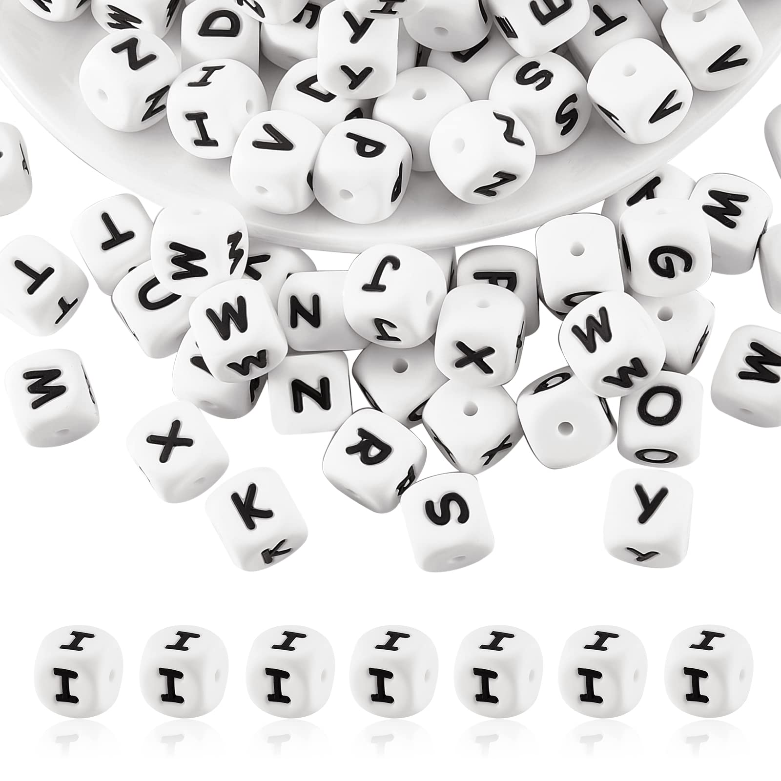 BEEFLYING 20 Pcs White Cube Letter I Silicone Beads 12x12x12mm Square Dice Alphabet Beads with 2mm Hole Spacer Loose Letters for Bracelet Necklace Jewelry Making(Letter I)
