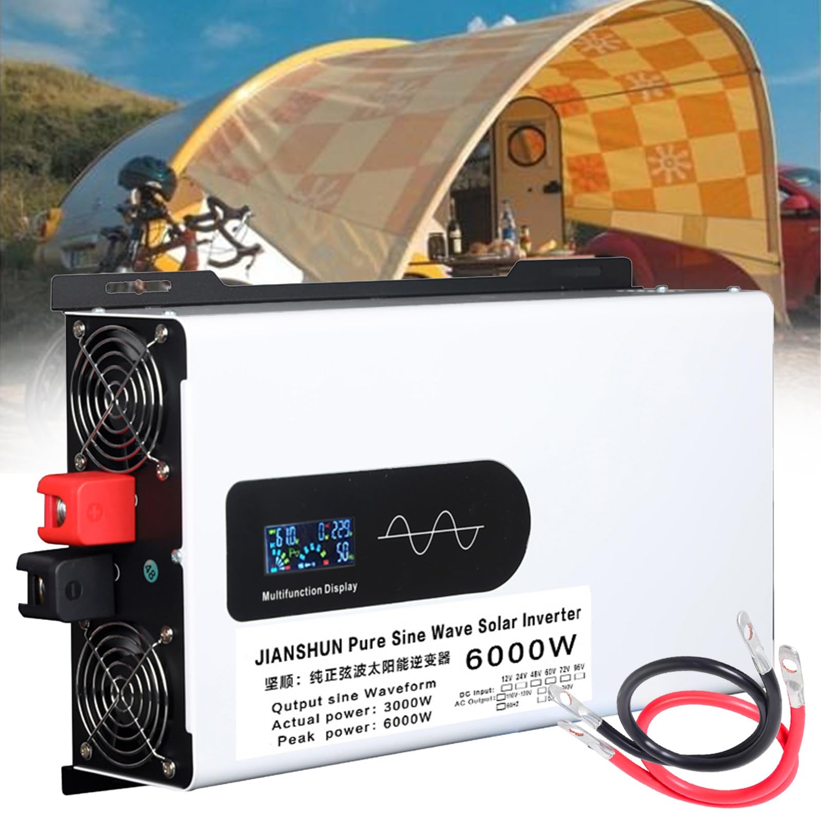 Auto-Wechselrichter, Reiner Sinus-Wechselrichter, DC 12 V, 24 V, 48 V, 60 V, 72 V auf AC 110–240 V, 5000 W, 6000 W, 8000 W, 10000 W, 12000 W, mit Zwei AC-Steckdosen,48V to 220V-6000W