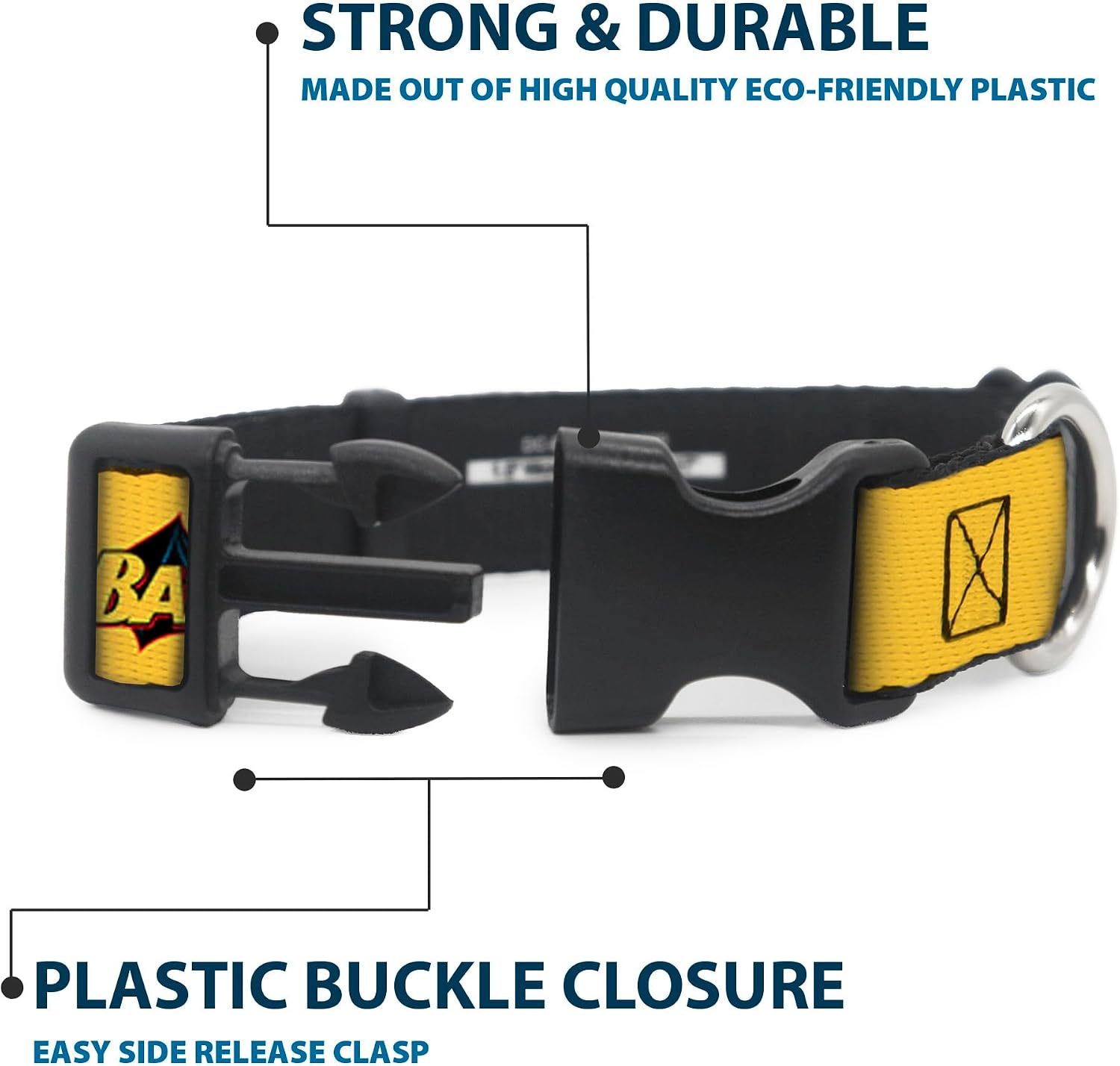 Buckle-Down Plastic Clip Collar - Vintage Batman Logo & Bat Signal-3 Yellow - 1.5" Wide - Fits 18-32" Neck - Large