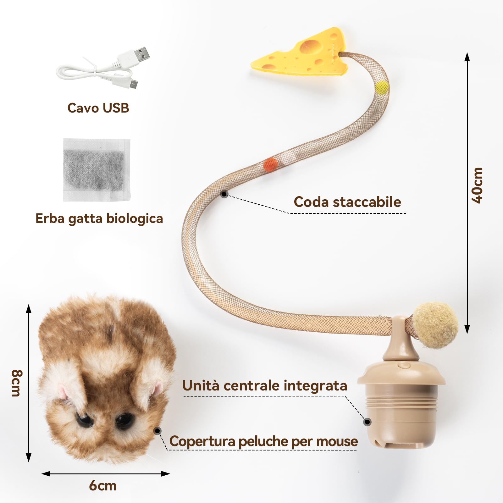 Migipaws Giocattolo interattivo per gatti, topolino elettrico con coda che si muove, sensore intelligente, squittio, giocattolo per gatti con erba gatta, ricaricabile