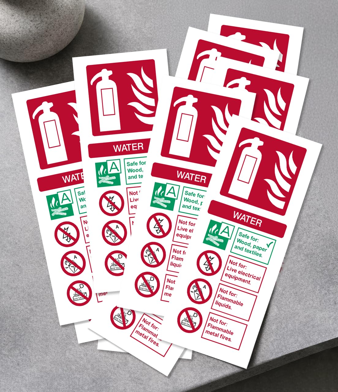 Water Fire Extinguisher ID Safety Sign 200mm x 80mm (Pack of 10 Signs) - Self Adhesive Stickers