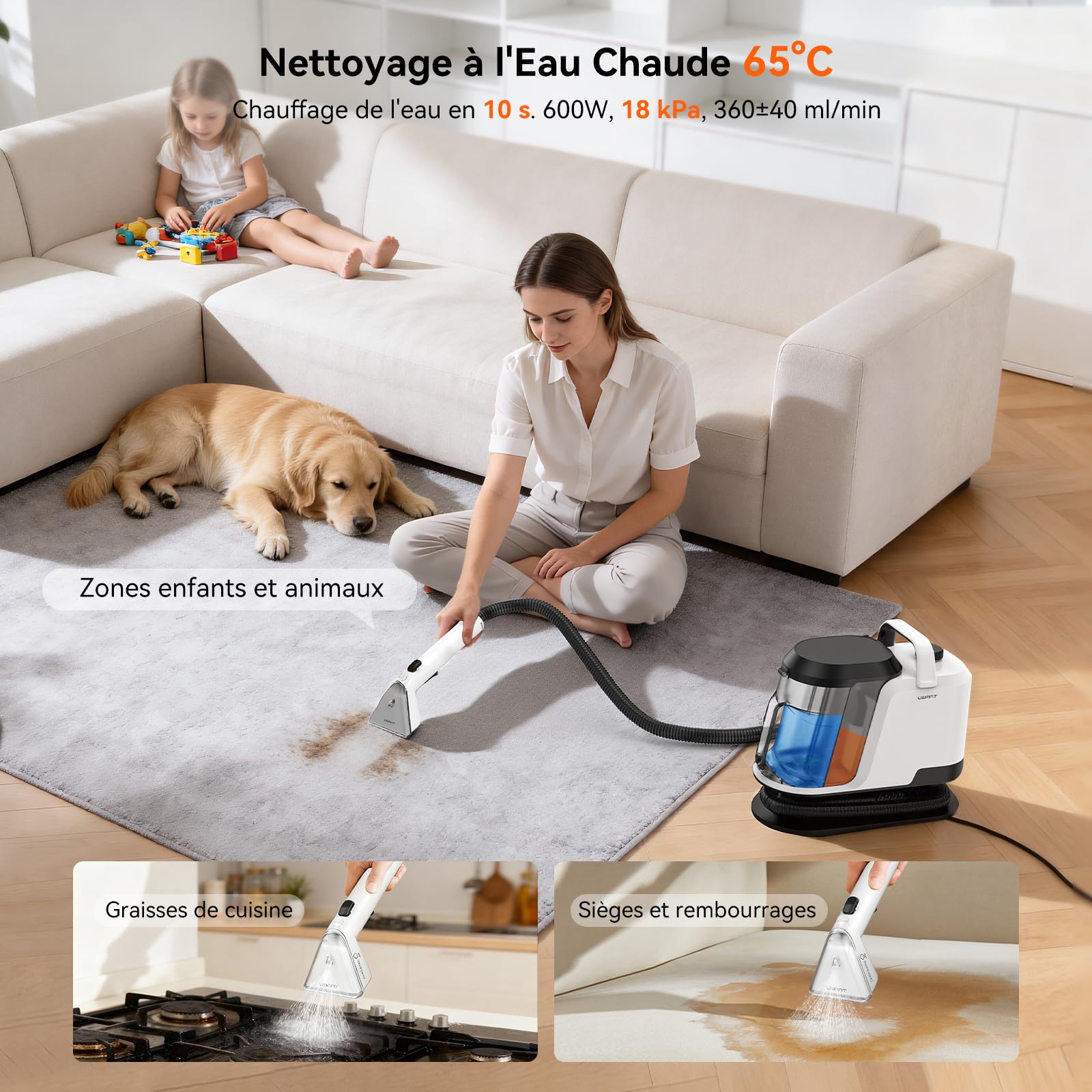 Uwant Y100 Steam 3-en-1 Shampouineuse, Nettoyeur Canapé Tissu 18KPA, 1750W, Nettoyeur Vapeur 100°C, à l'Eau Chaude 65°C, à l'Eau Froide, Auto-nettoyage, Injecteur Extracteur Tête Multi, Détergent