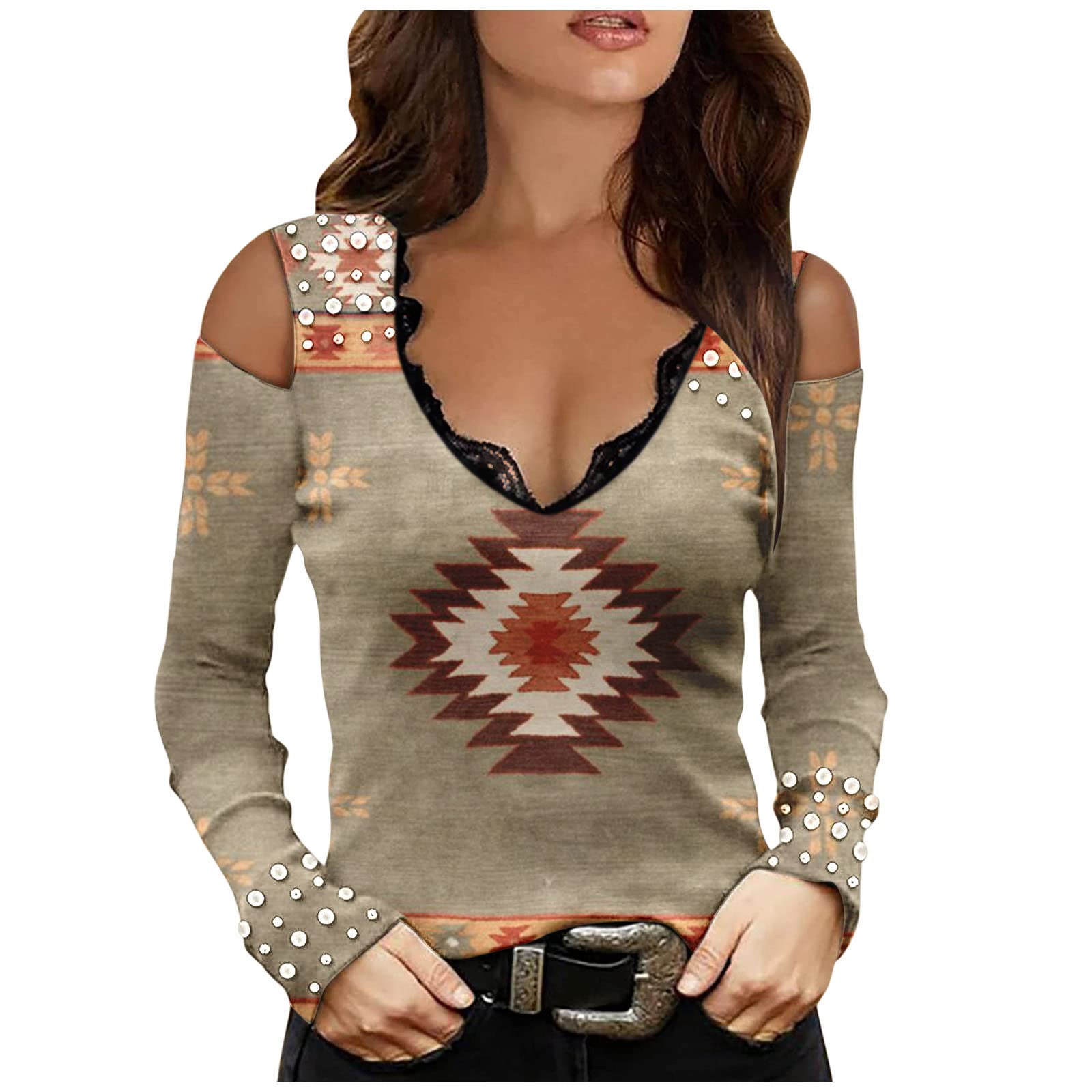 Attractive shoulder, long printed, V-made of lace, sleeves, women's top, blouse, casual neckline, women's casual top, blouse, transparent shirt