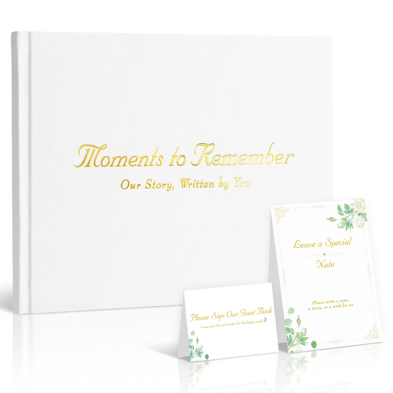 Wedding Guest Book Set, White Linen Hardback, Greenery Gold Foil, 120 Pages